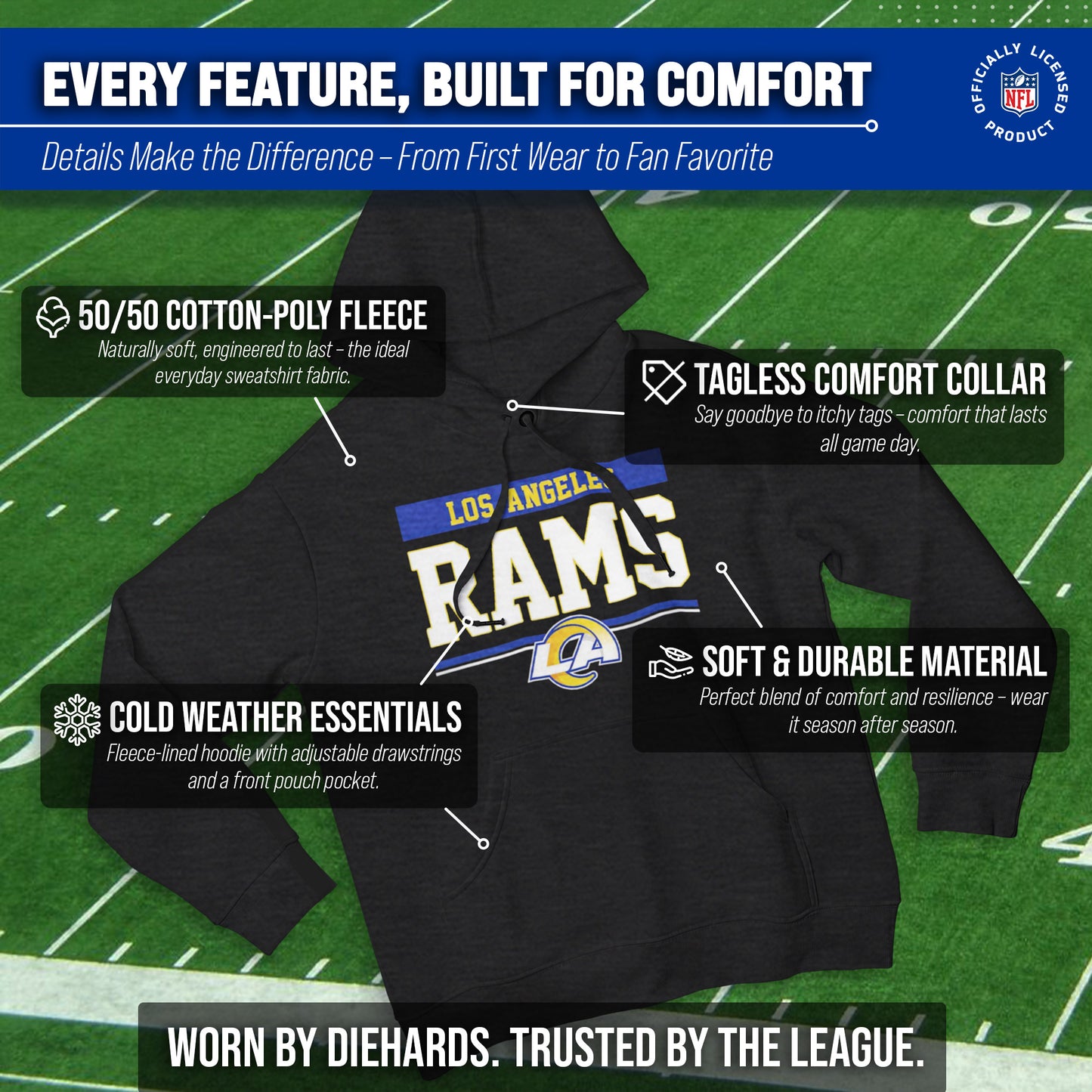 Los Angeles Rams NFL Adult Gameday Charcoal Hooded Sweatshirt - Charcoal