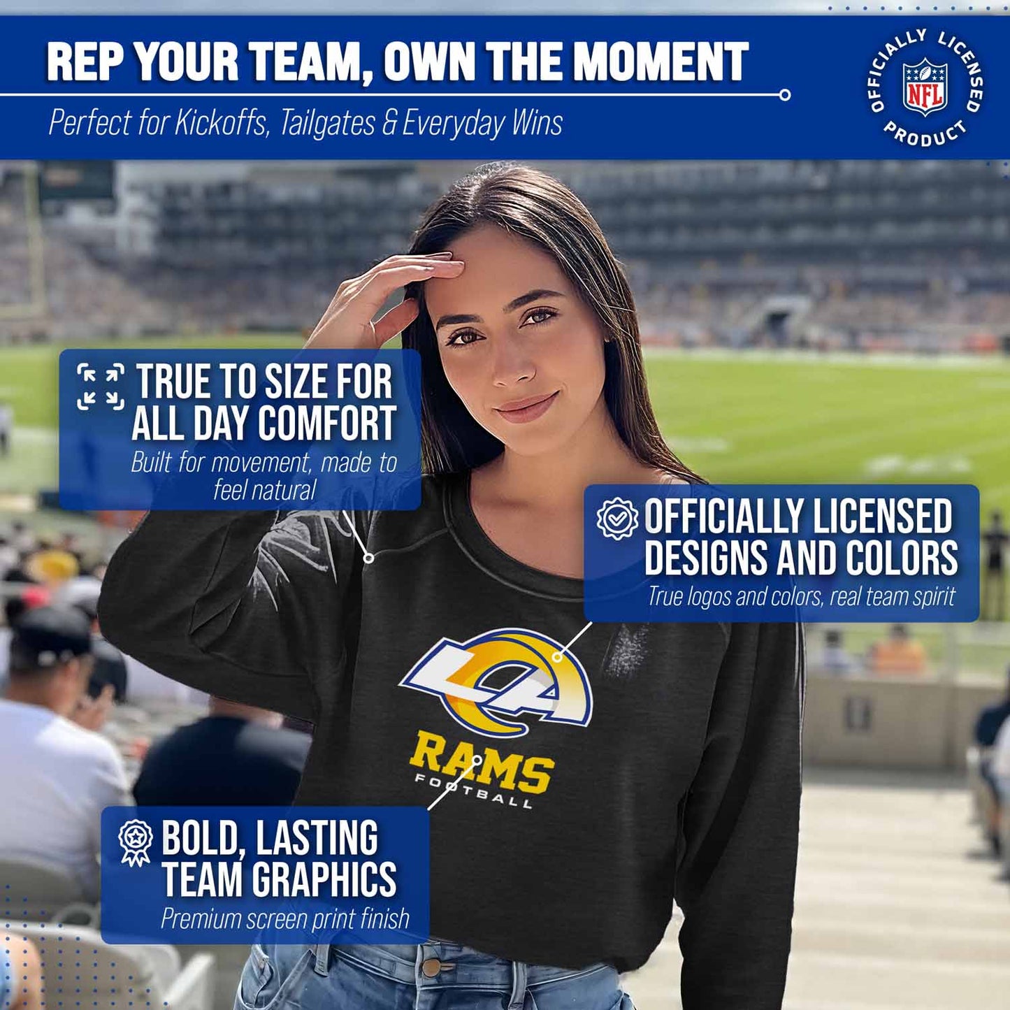 Los Angeles Rams Women's NFL Ultimate Fan Logo Slouchy Crewneck -Tagless Fleece Lightweight Pullover - Charcoal