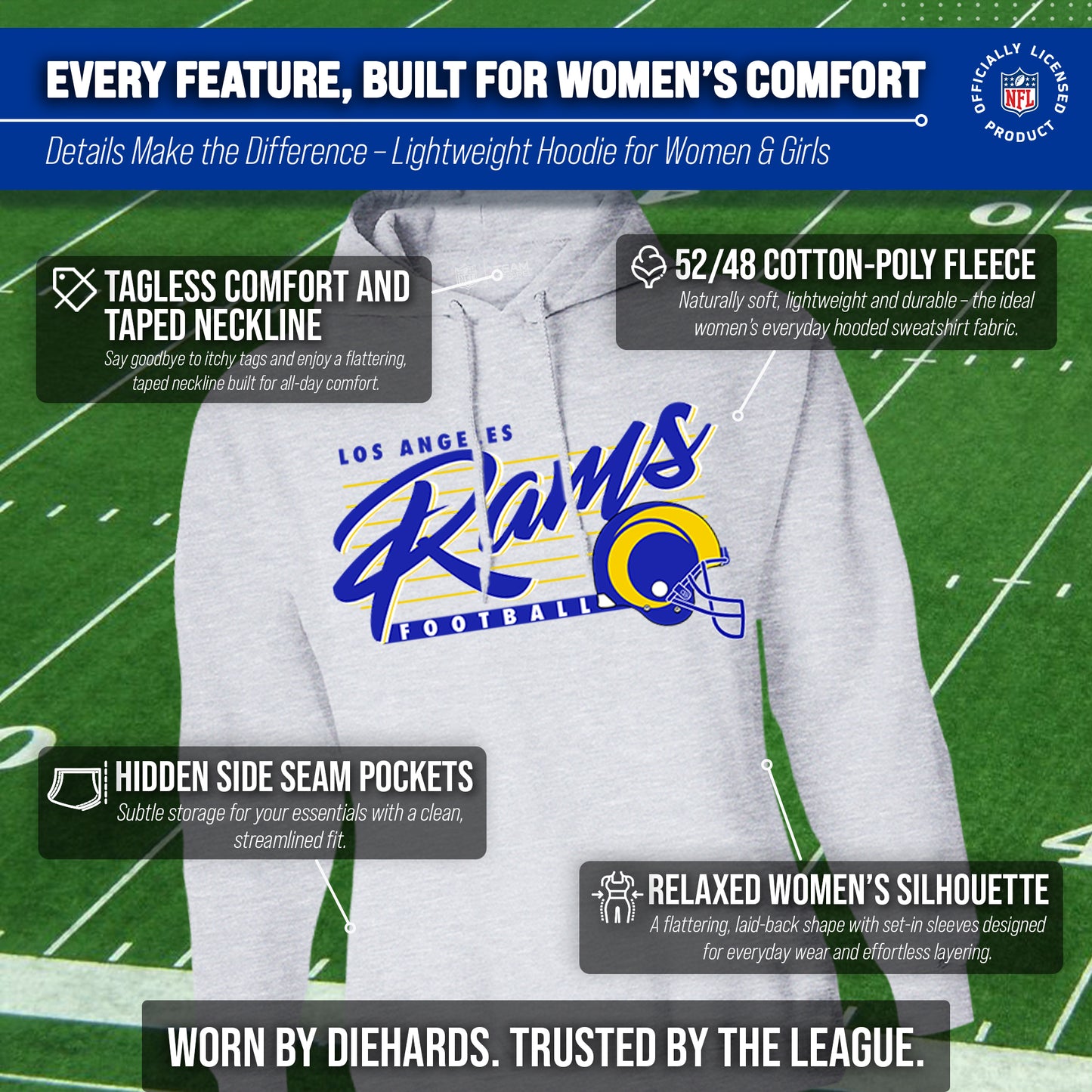 Los Angeles Rams Ladies NFL Scrimmage Line Fleece Pullover Hooded Sweatshirt - Gray Heather