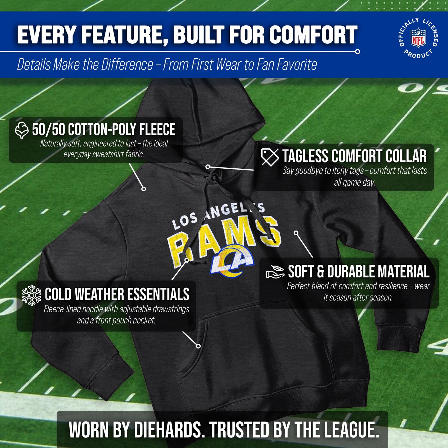 Los Angeles Rams NFL Adult Unisex Starting Fresh Ultra Soft Fleece Hooded Sweatshirt - Black Heather