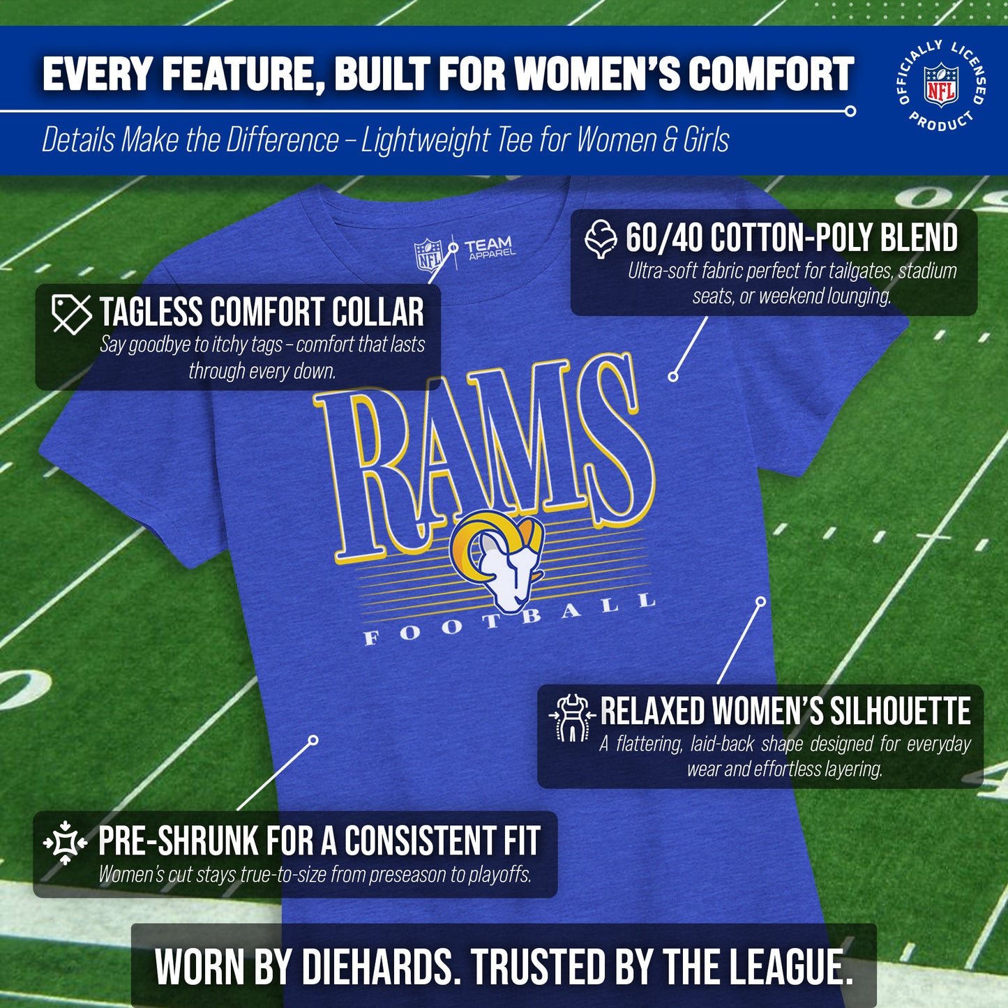 Los Angeles Rams NFL Womens Overtime Blueprint Tag-Less T-Shirt - Royal
