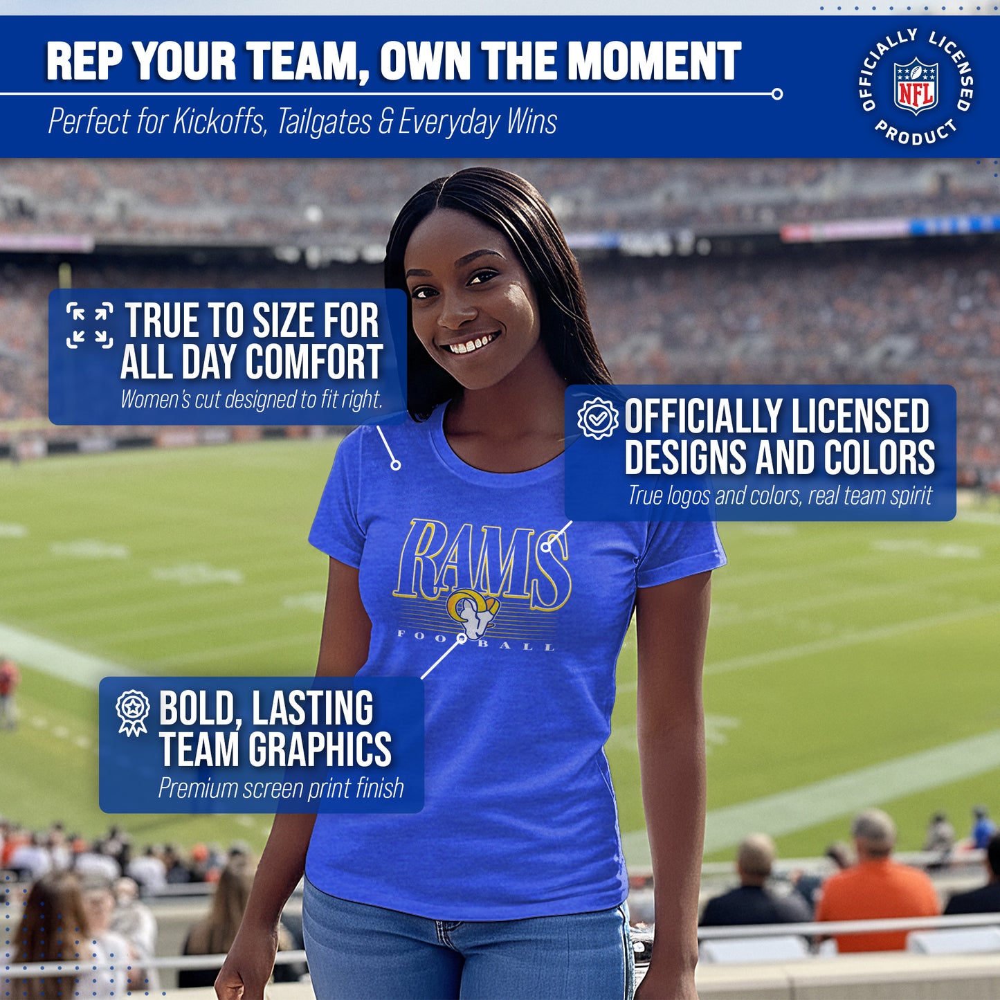 Los Angeles Rams NFL Womens Overtime Blueprint Tag-Less T-Shirt - Royal