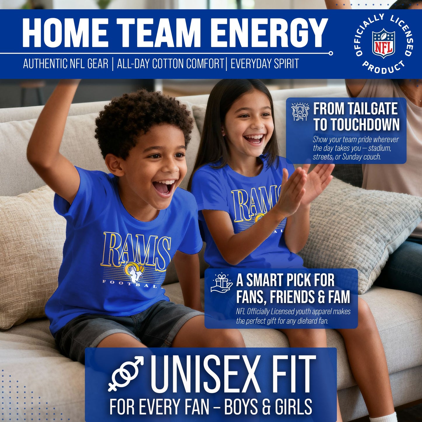 Los Angeles Rams NFL Youth Overtime Blueprint Football T-Shirt Unisex Tag Free Comfortable - Royal