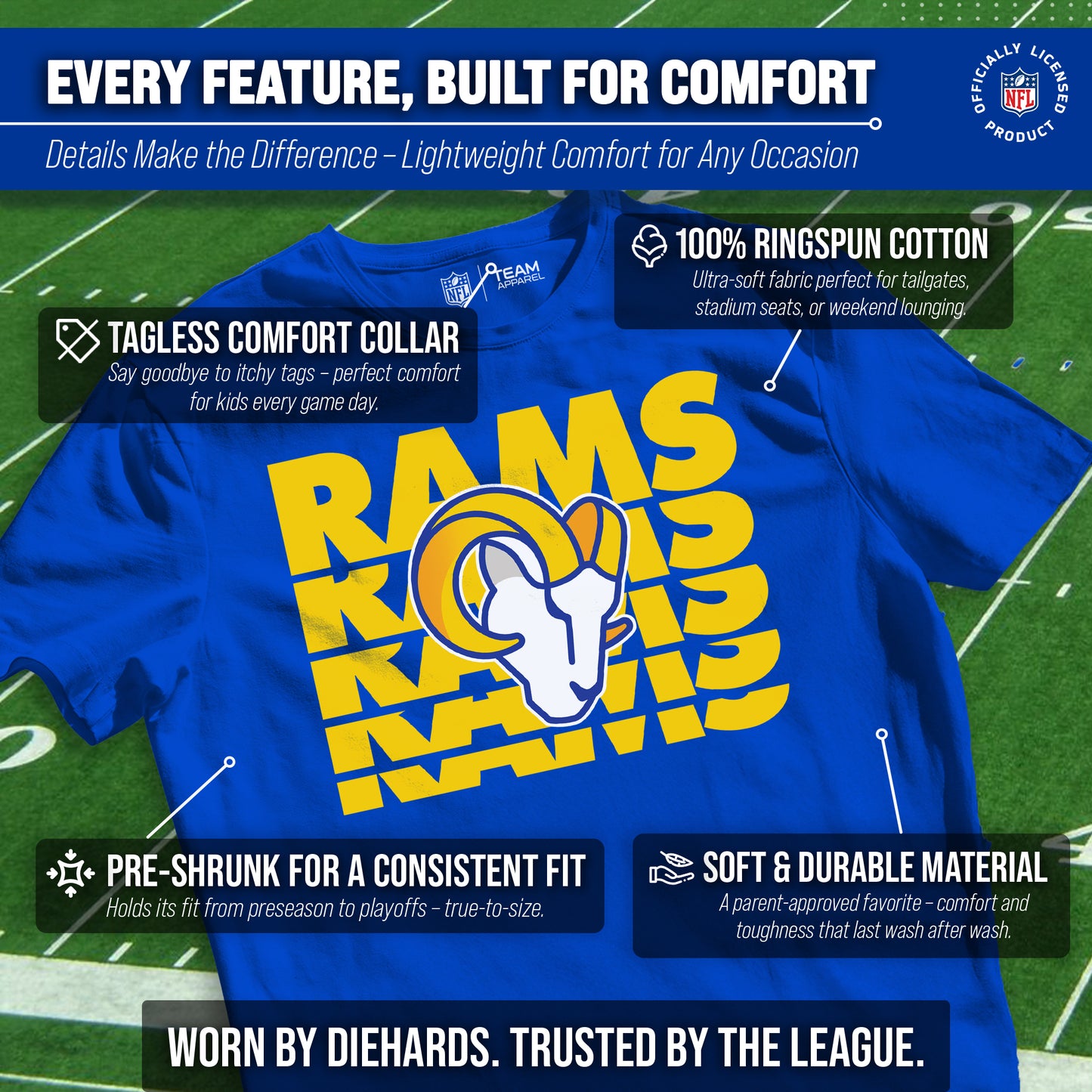 Los Angeles Rams NFL Youth Repeating Logo Football T-Shirt Unisex Tag Free Comfortable - Royal