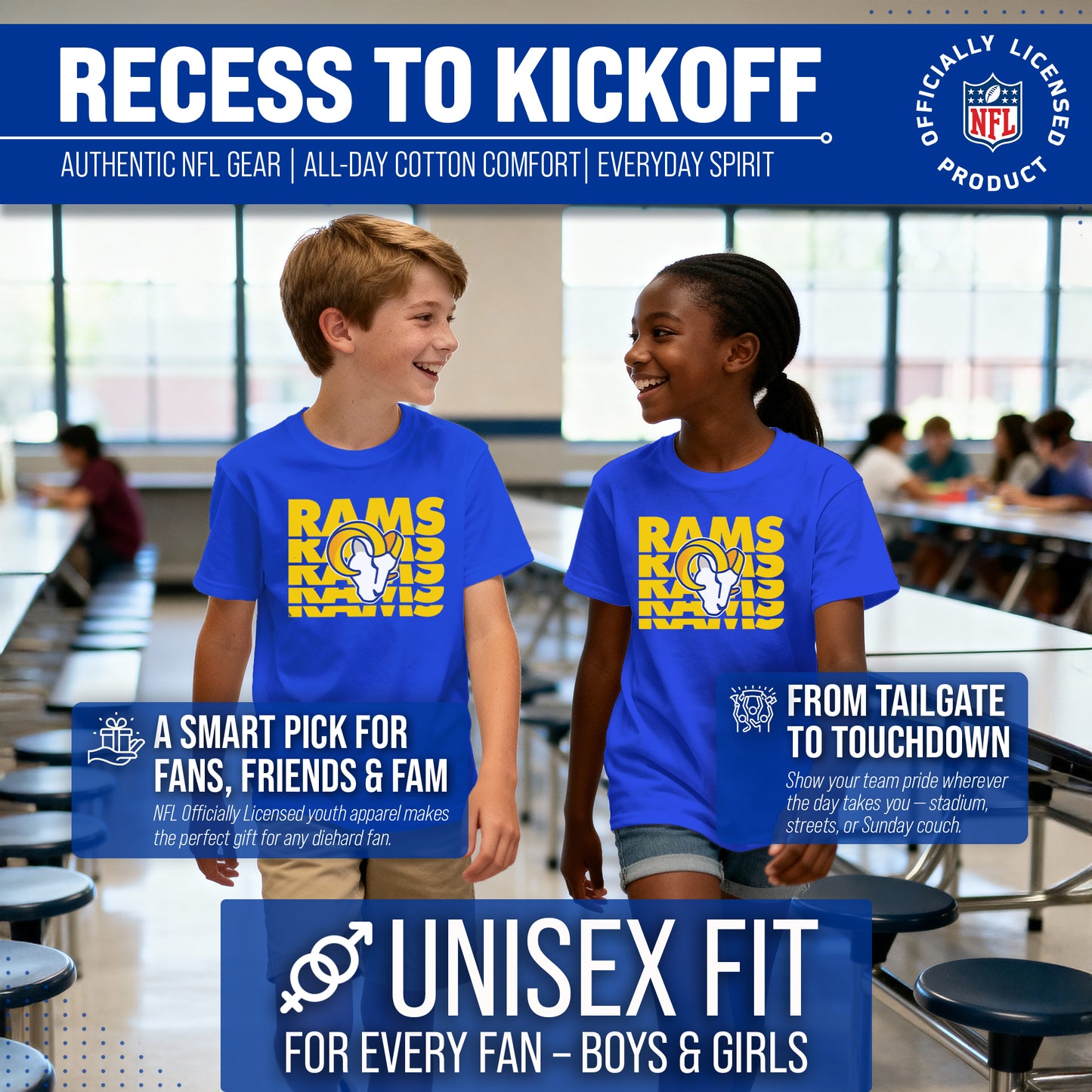 Los Angeles Rams NFL Youth Repeating Logo Football T-Shirt Unisex Tag Free Comfortable - Royal