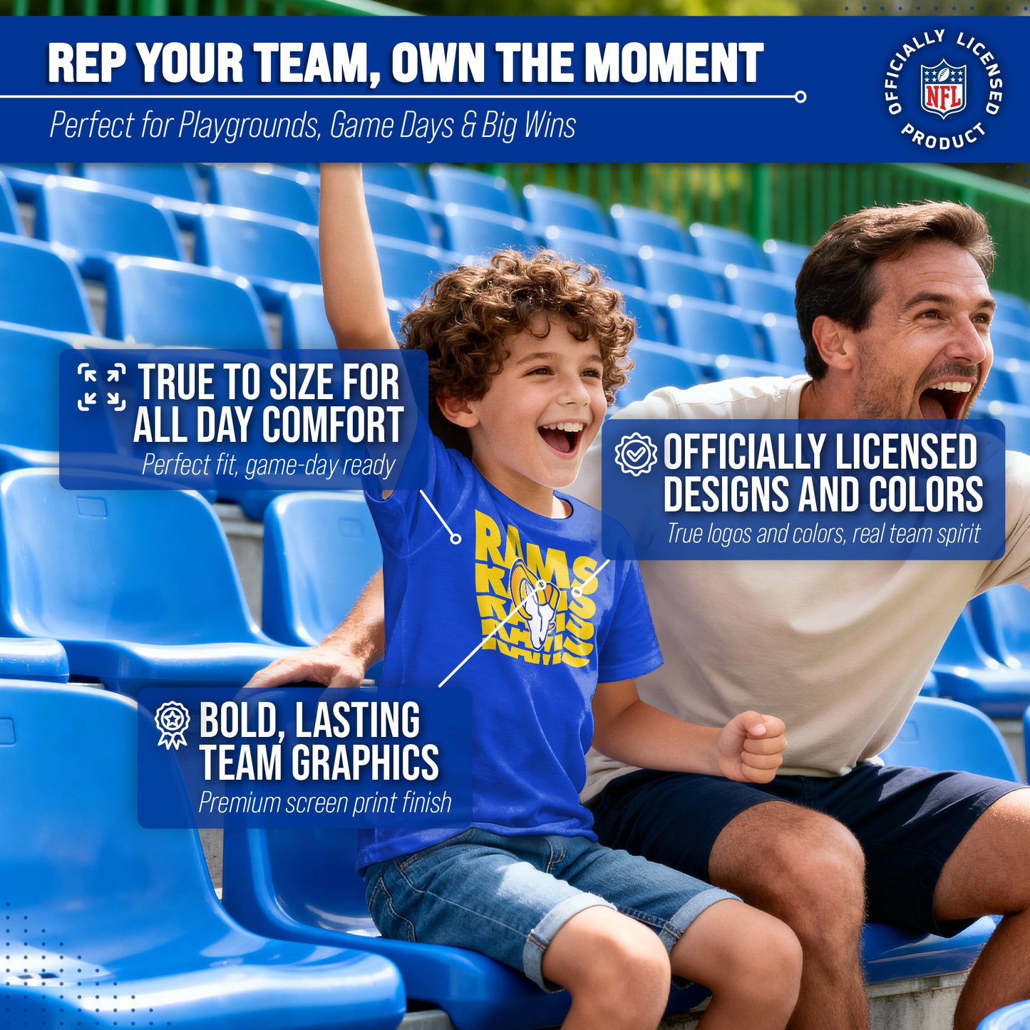 Los Angeles Rams NFL Youth Repeating Logo Football T-Shirt Unisex Tag Free Comfortable - Royal