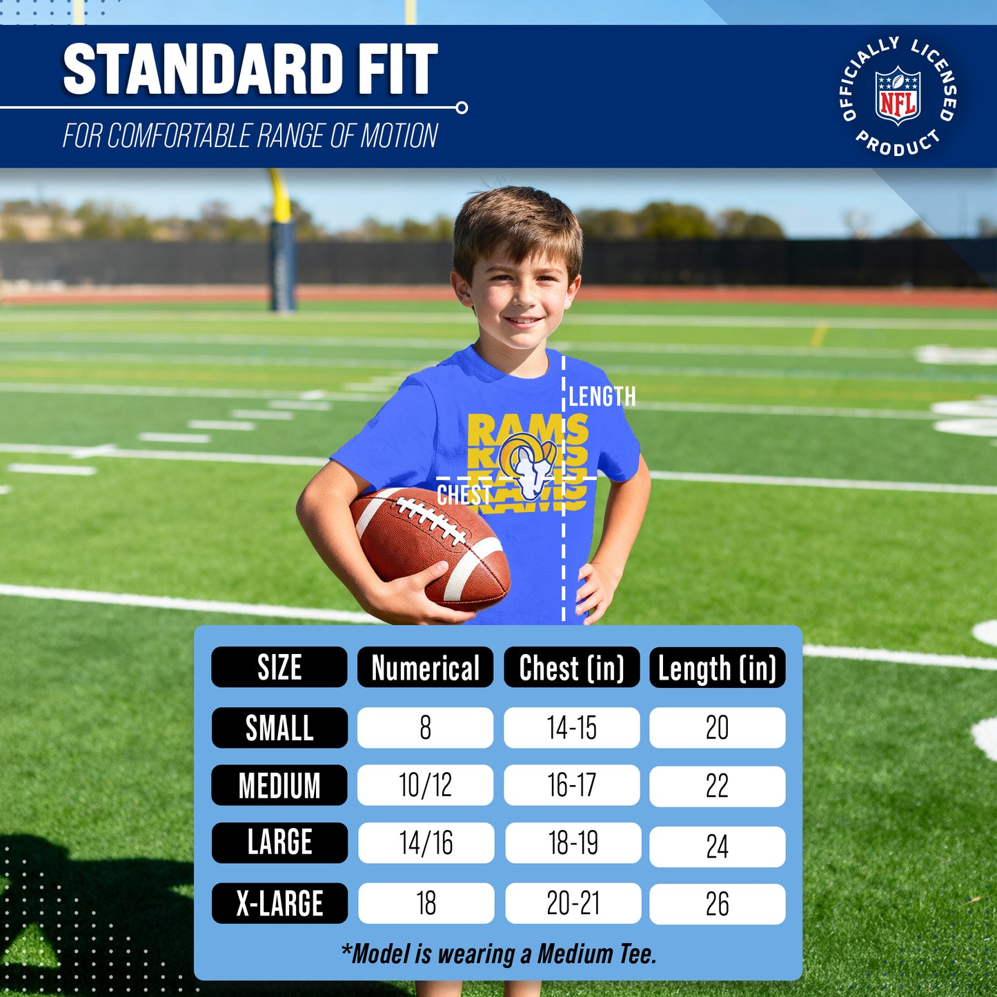 Los Angeles Rams NFL Youth Repeating Logo Football T-Shirt Unisex Tag Free Comfortable - Royal