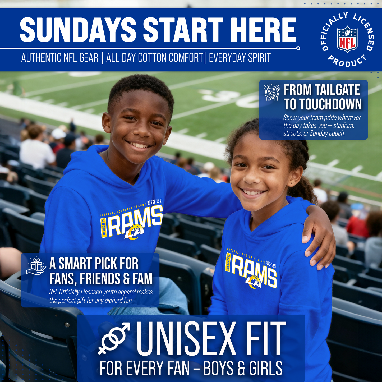 Los Angeles Rams NFL Youth Modern Endzone Football Fleece Hooded Sweatshirt - Royal