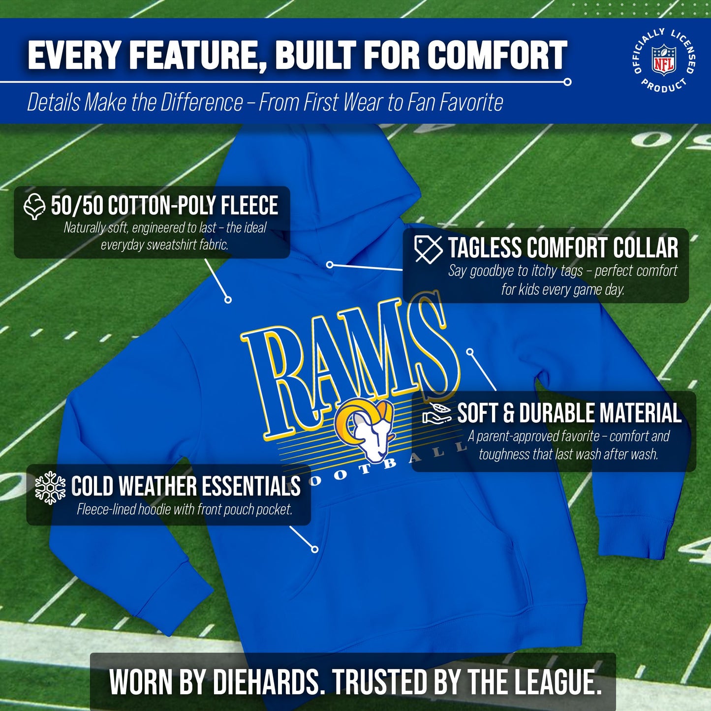 Los Angeles Rams NFL Youth Overtime Blueprint Football Fleece Hooded Sweatshirt - Royal
