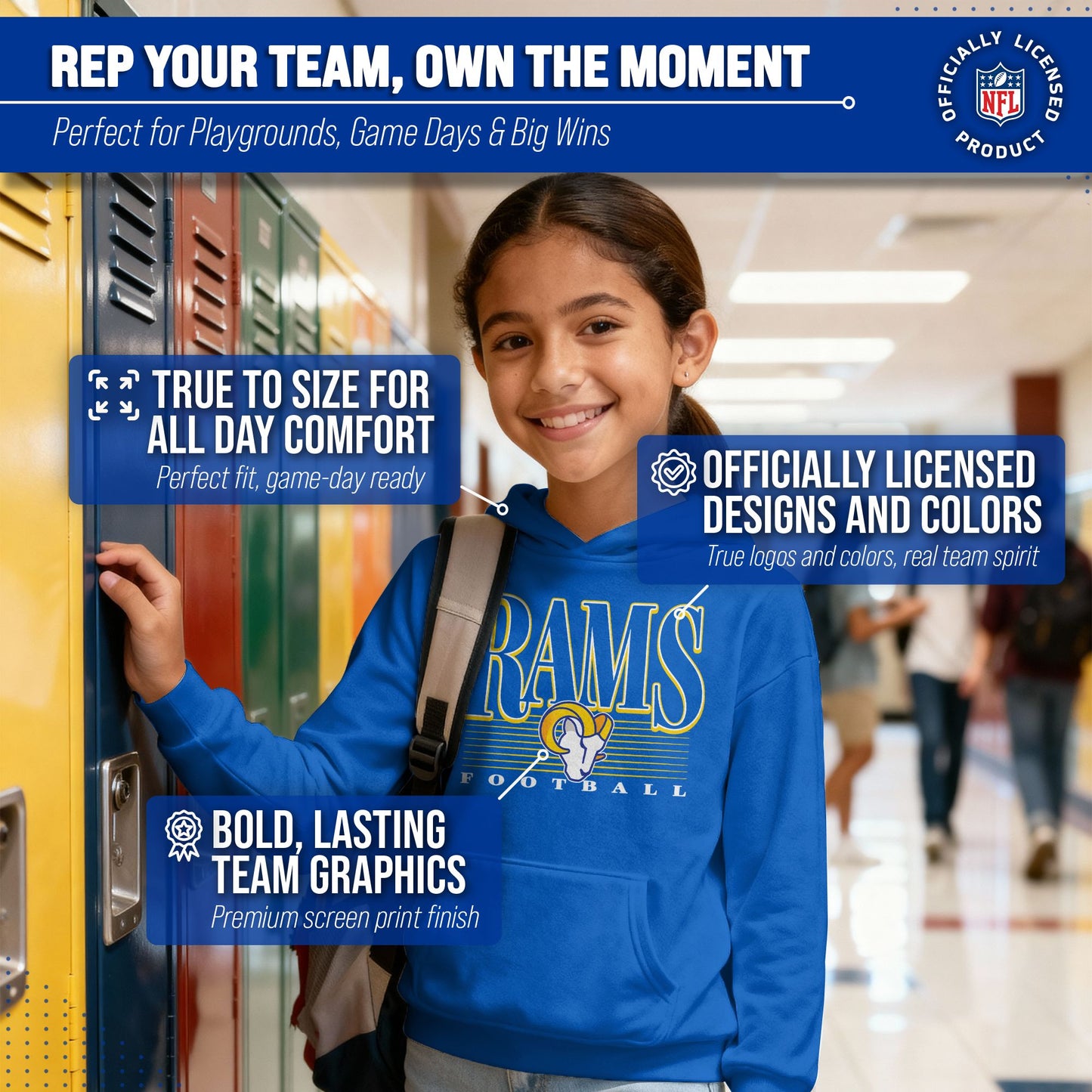 Los Angeles Rams NFL Youth Overtime Blueprint Football Fleece Hooded Sweatshirt - Royal