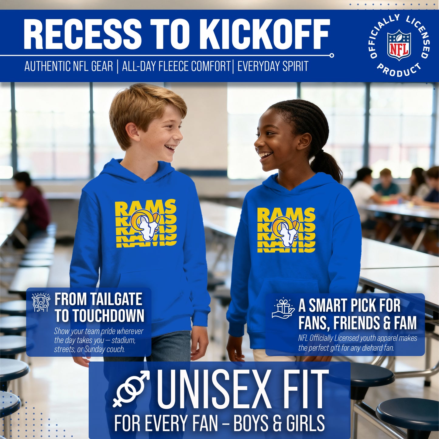 Los Angeles Rams NFL Youth Repeating Logo Football Fleece Hooded Sweatshirt - Royal