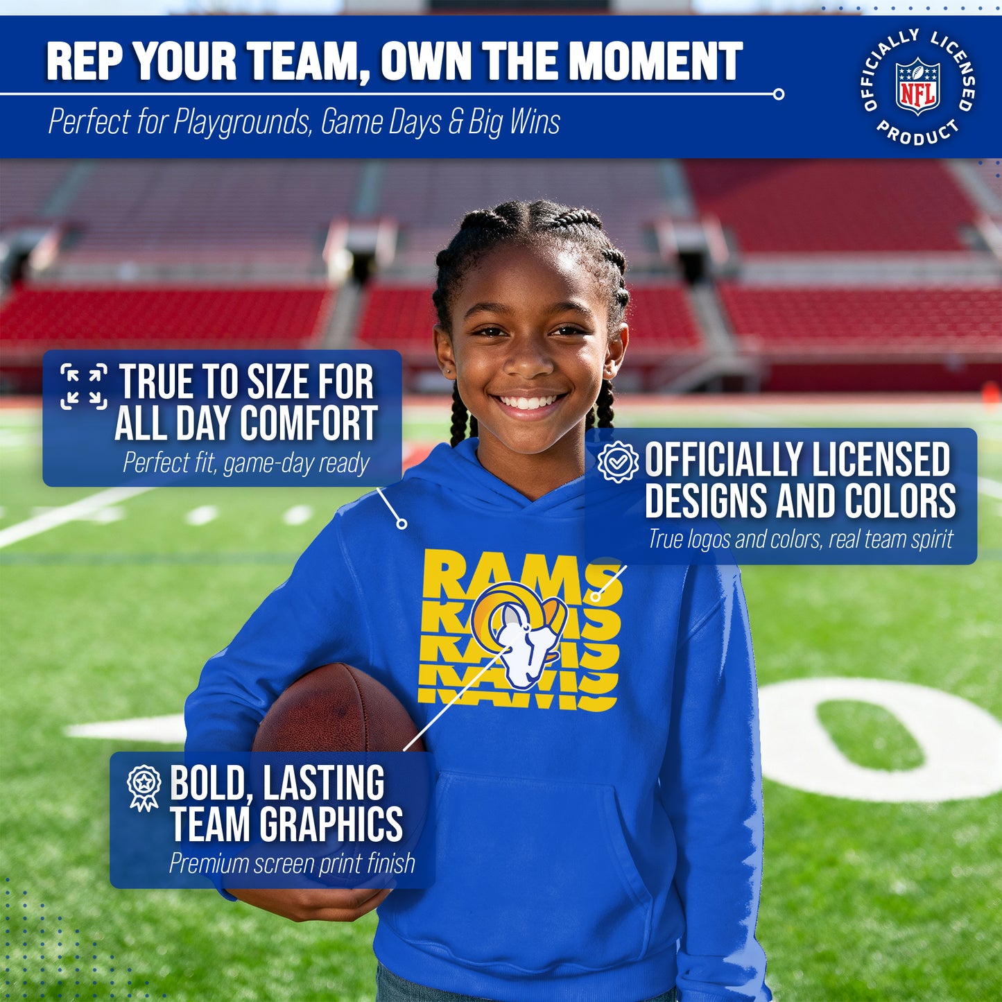 Los Angeles Rams NFL Youth Repeating Logo Football Fleece Hooded Sweatshirt - Royal