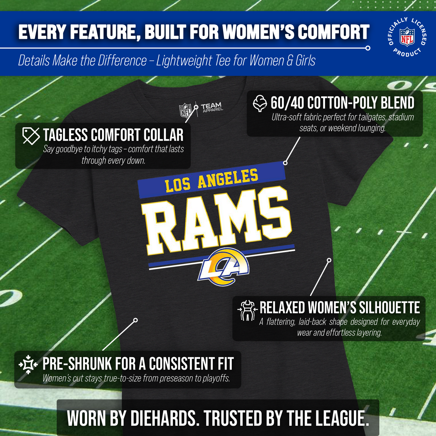 Los Angeles Rams NFL Women's Team Block Charcoal Tagless T-Shirt - Charcoal