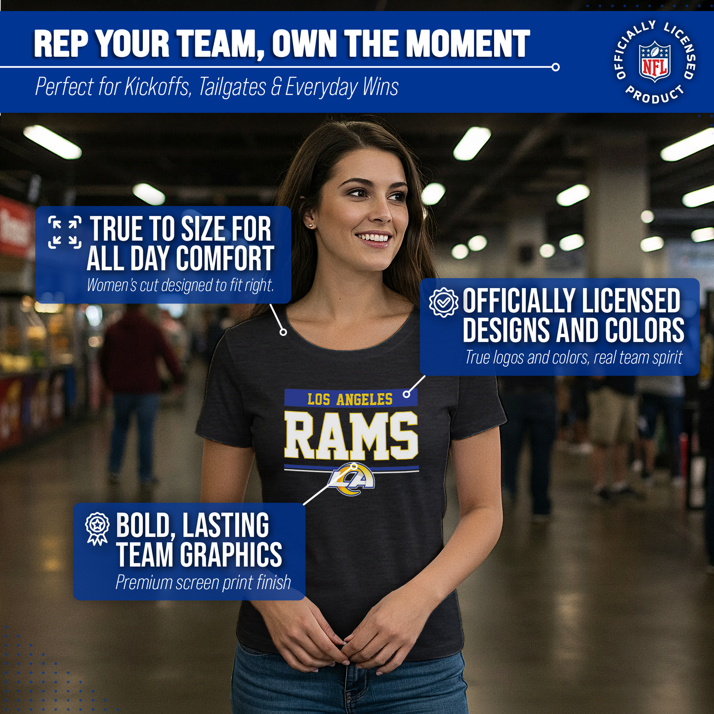 Los Angeles Rams NFL Women's Team Block Charcoal Tagless T-Shirt - Charcoal
