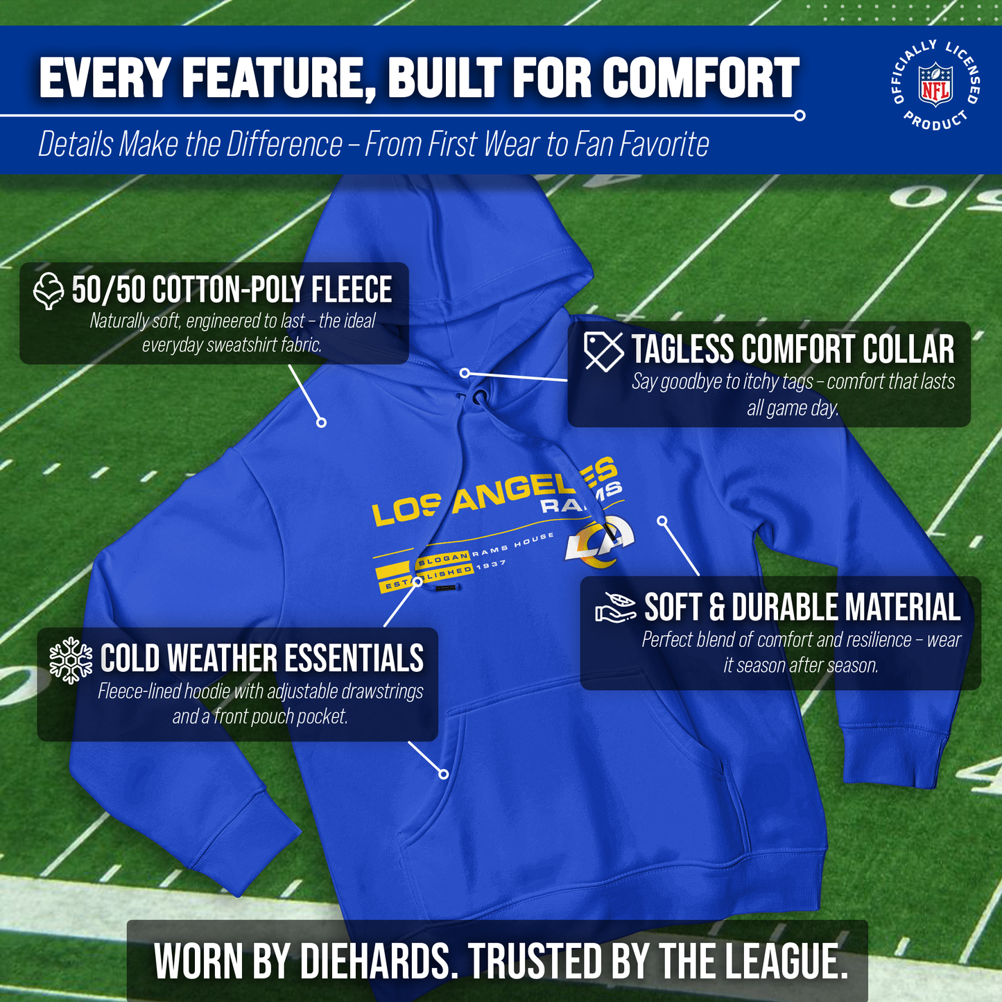 Los Angeles Rams Adult NFL Speed Stat Sheet Fleece Hooded Sweatshirt - Royal