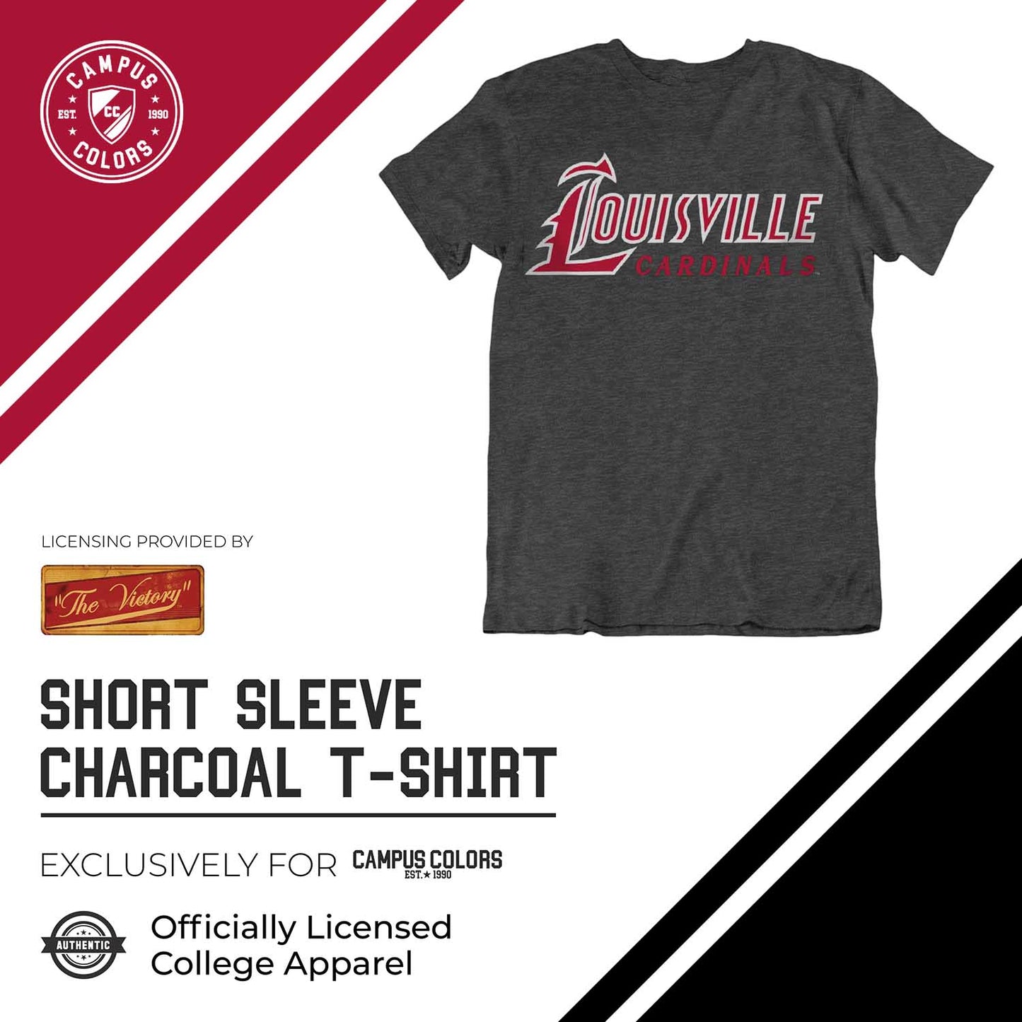 Louisville Cardinals Campus Colors NCAA Adult Cotton Blend Charcoal Tagless T-Shirt - Charcoal