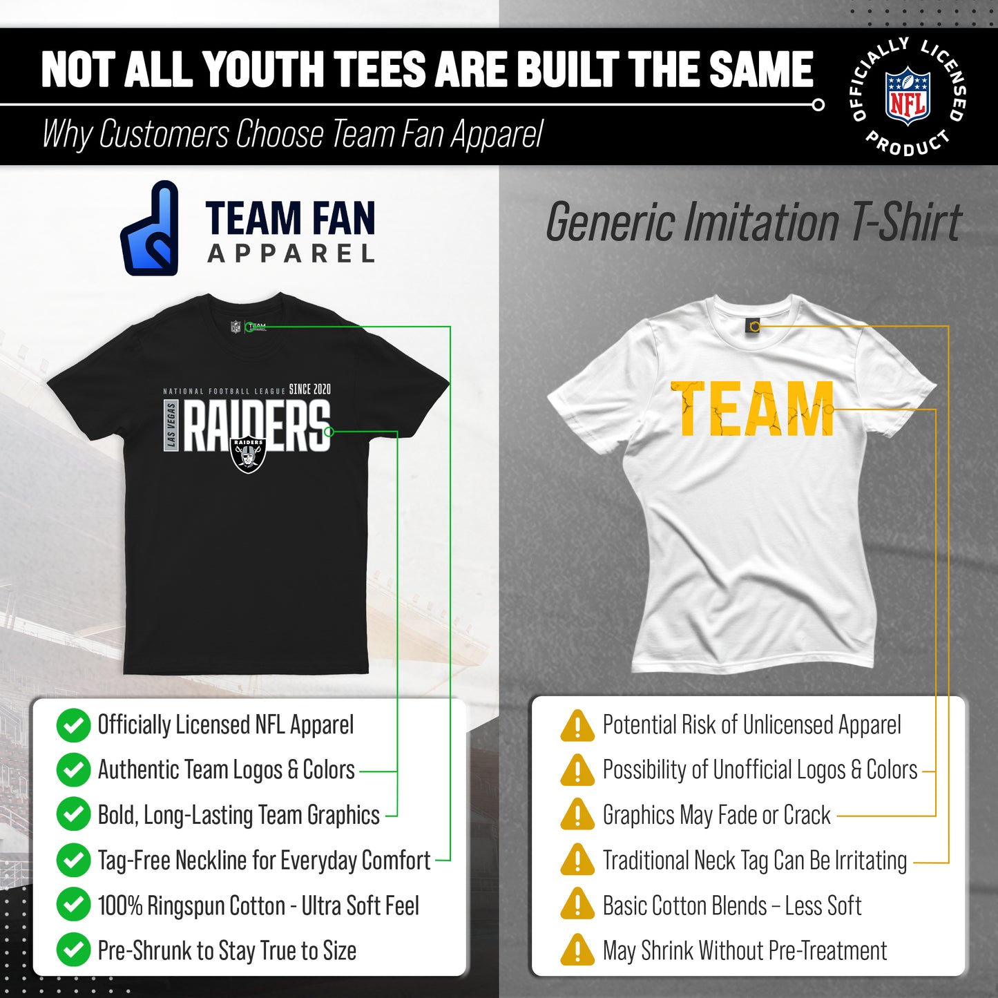 Las Vegas Raiders NFL Youth Modern Endzone Football T-Shirt Unisex Tag Free Comfortable - Black