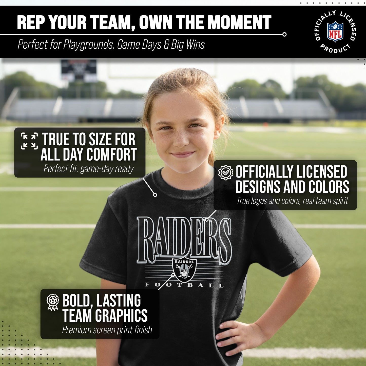 Las Vegas Raiders NFL Youth Overtime Blueprint Football T-Shirt Unisex Tag Free Comfortable - Black