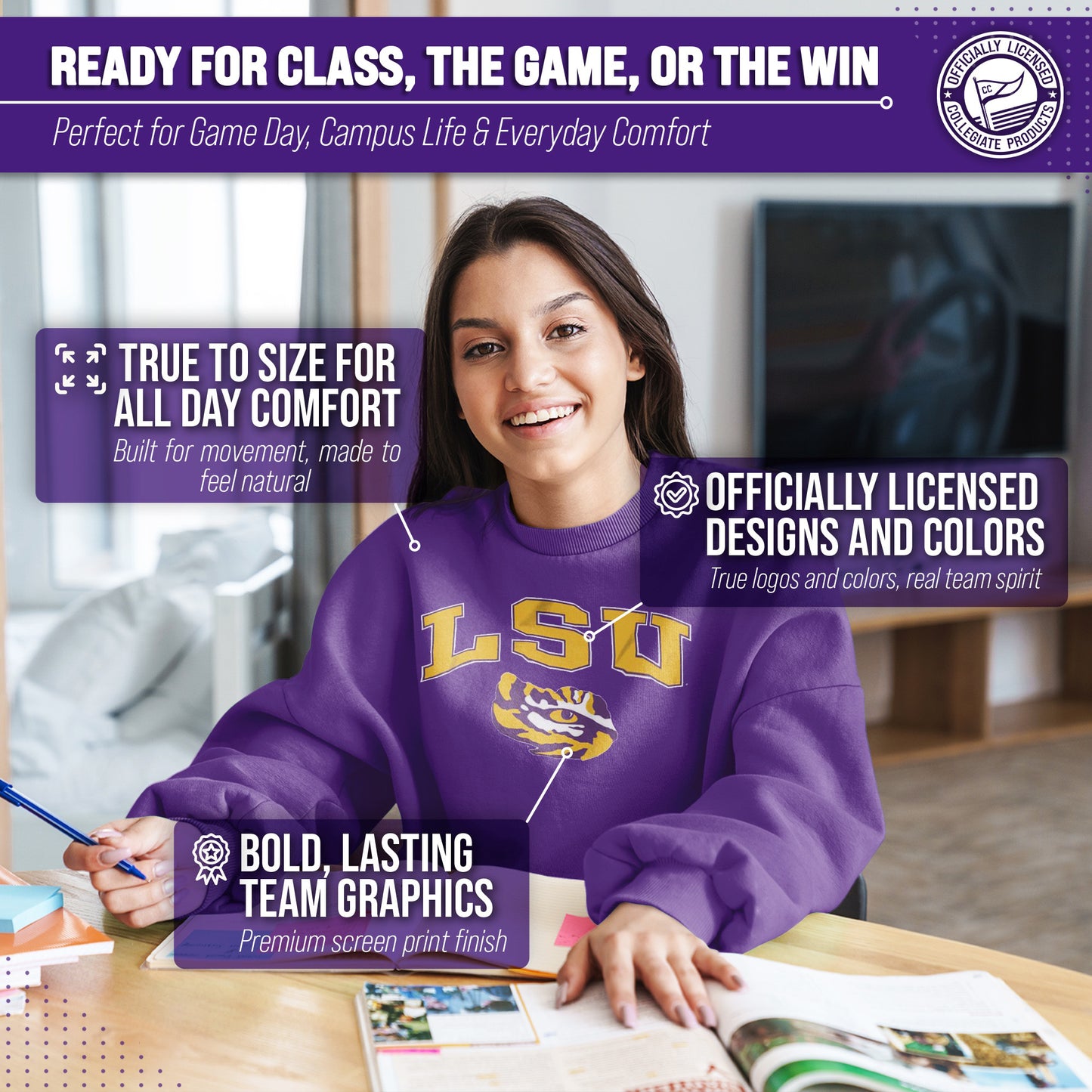 LSU Tigers Adult Arch & Logo Soft Style Gameday Crewneck Sweatshirt - Purple
