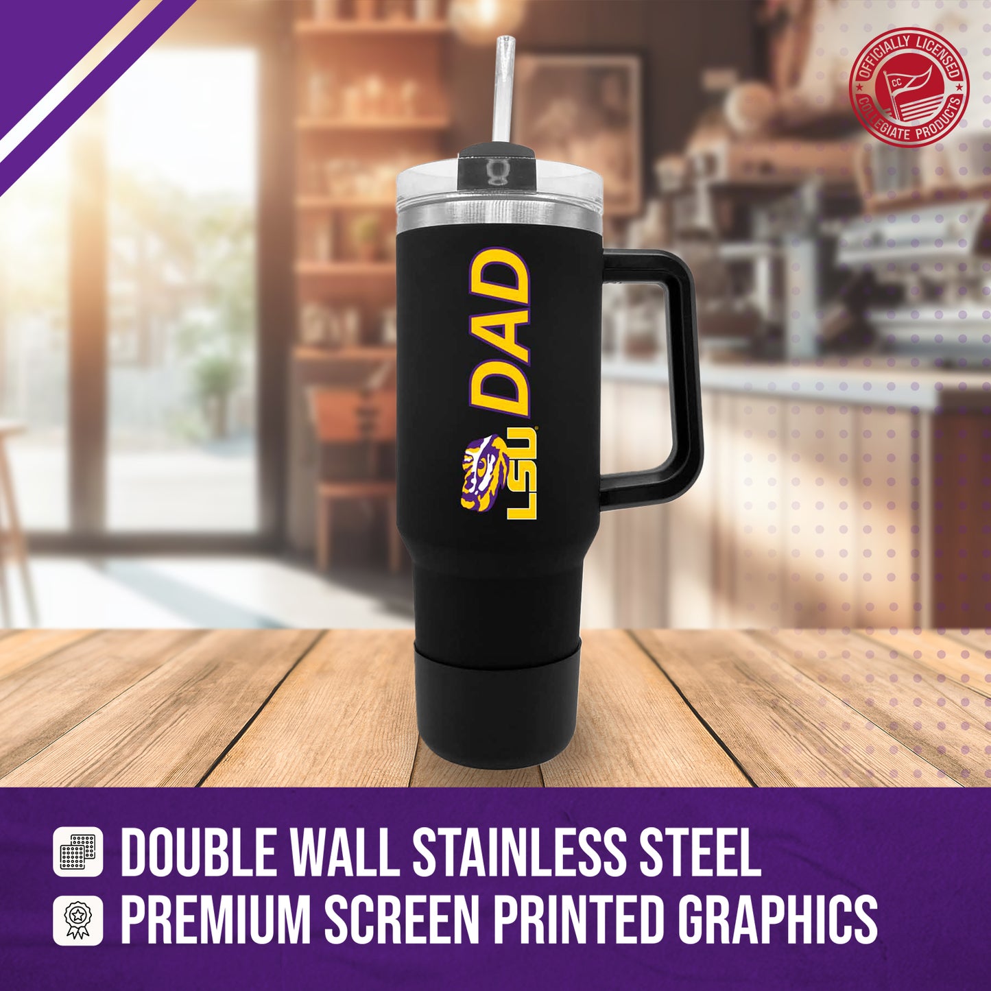 LSU Tigers Collegiate 40oz Stainless Steel Travel Tumbler with Handle for Dad - Black