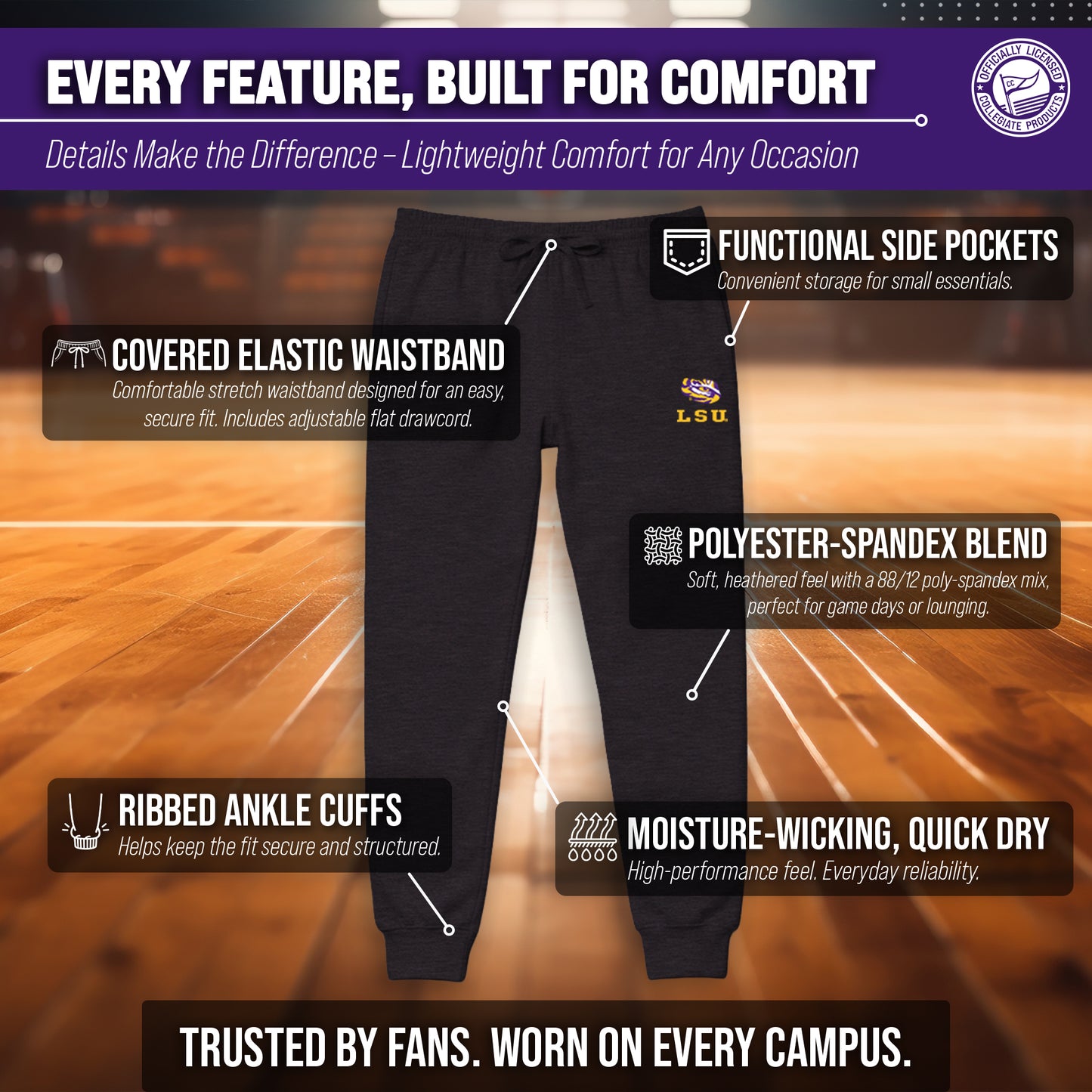 LSU Tigers NCAA Men’s University Cloud Jersey Performance Jogger Pants with Drawstring Waistband - Black Heather