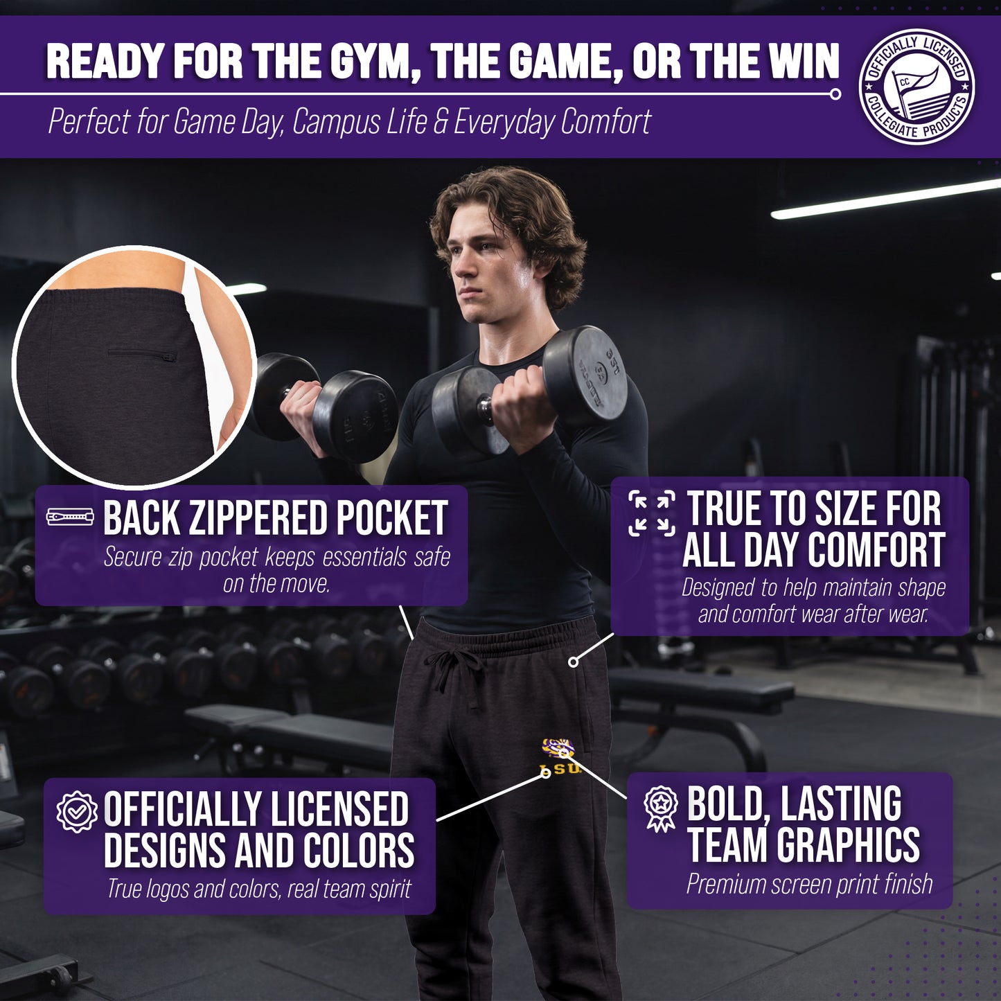 LSU Tigers NCAA Men’s University Cloud Jersey Performance Jogger Pants with Drawstring Waistband - Black Heather