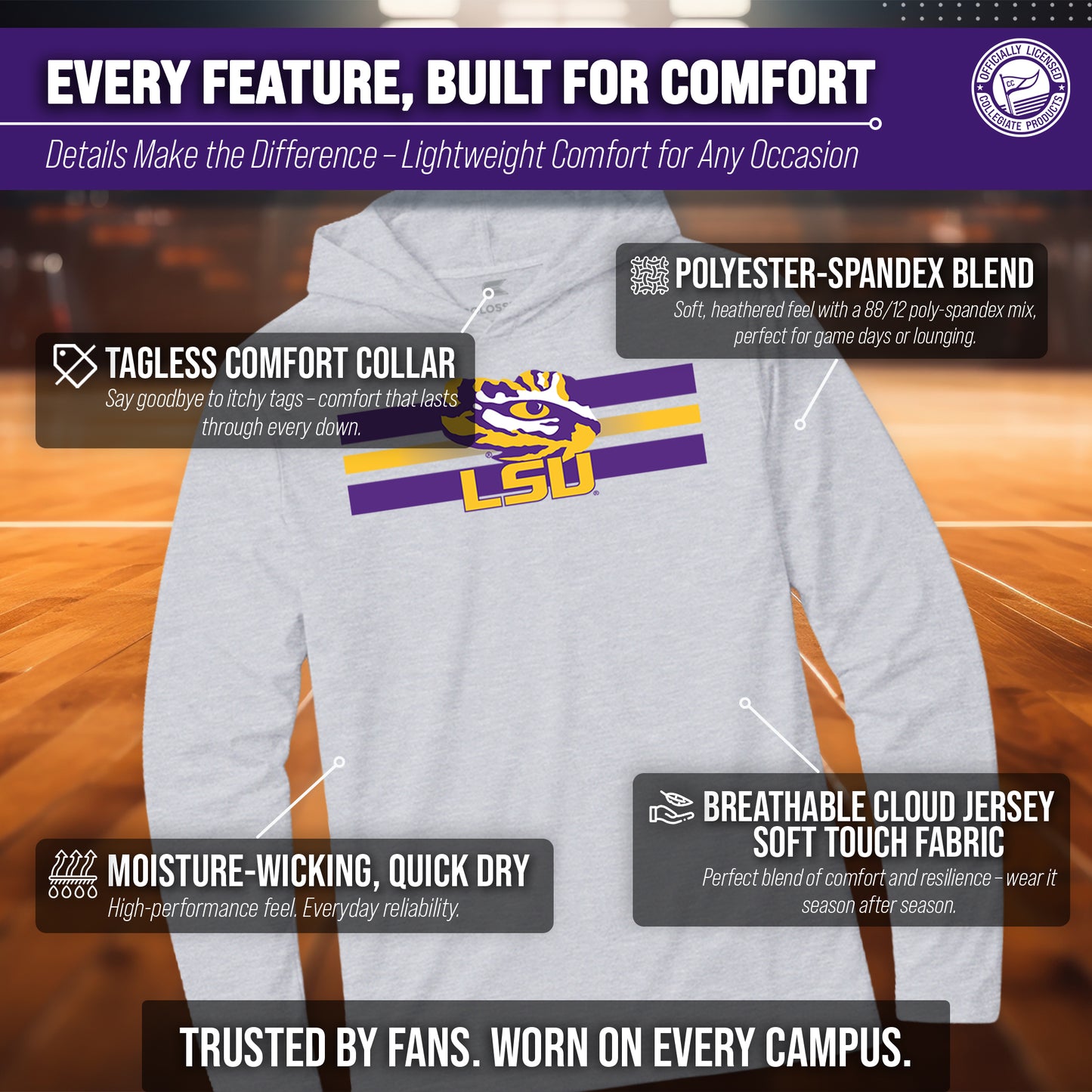 LSU Tigers NCAA Unisex Scholarship Cloud Jersey Performance Hooded Long Sleeve Tee - Gray Heather