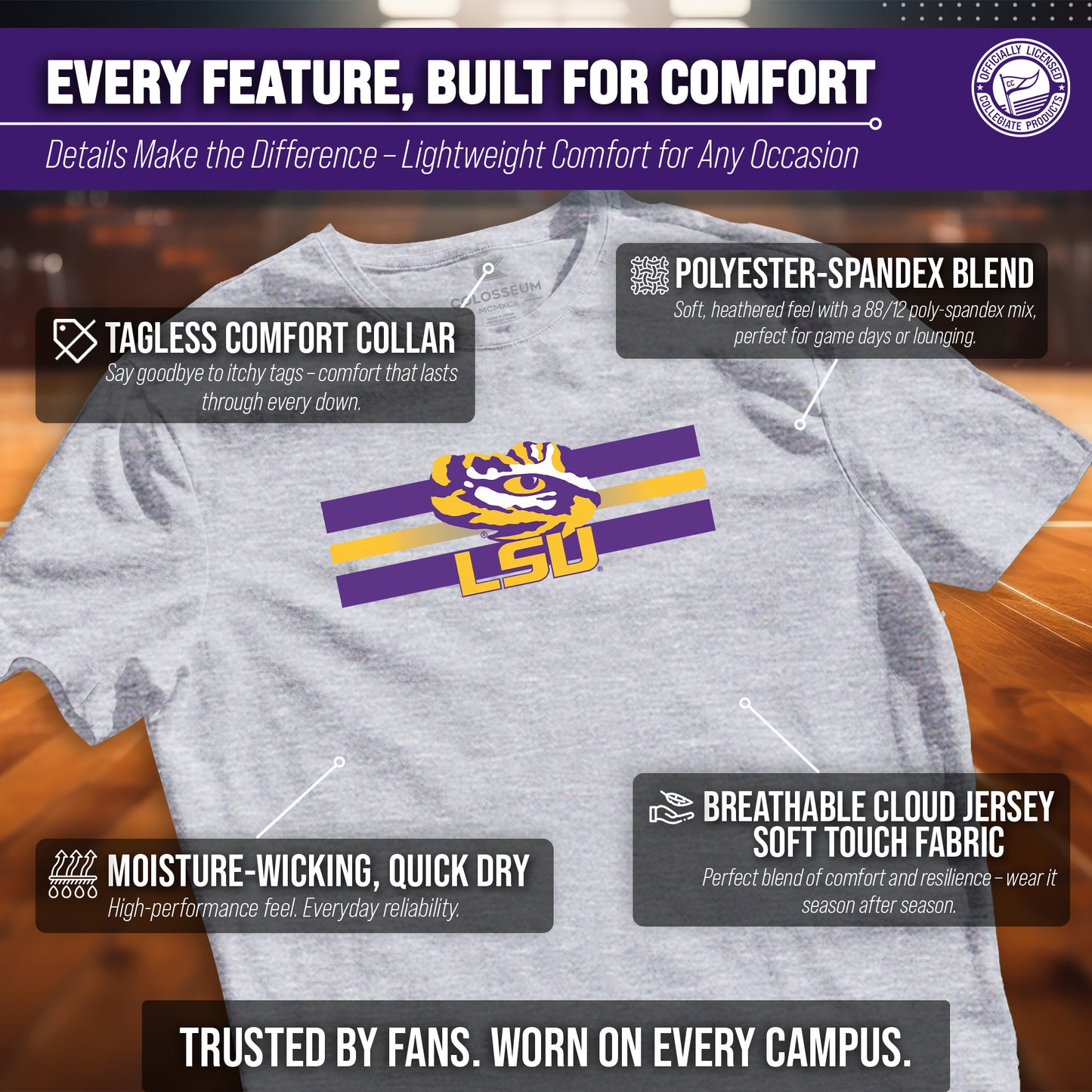 LSU Tigers Unisex NCAA Scholarship Cloud Jersey Athletic Short Sleeve Performance Tee - Gray Heather