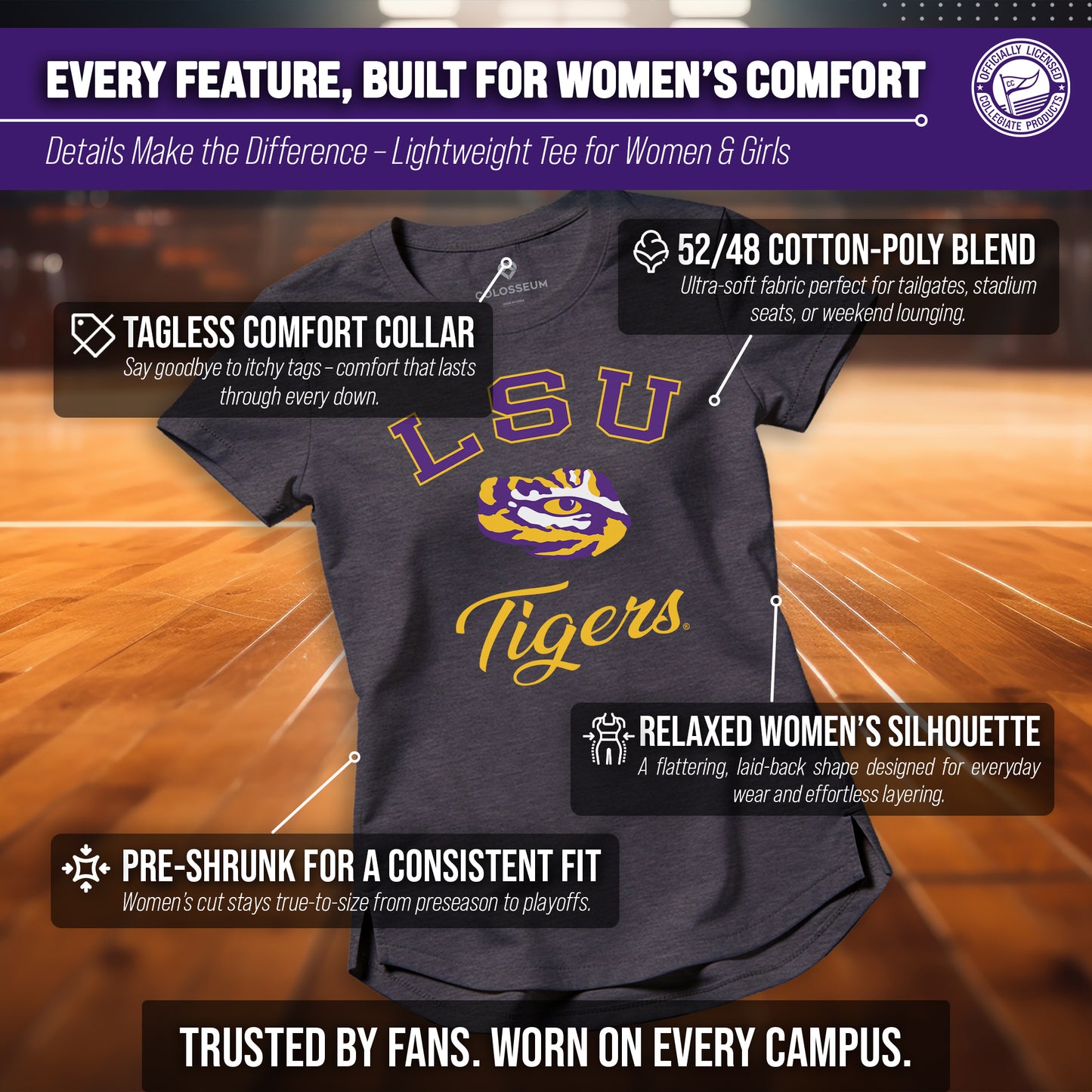 LSU Tigers NCAA Womens Tag-Less Ultra Soft Tailgate T-Shirt - Black Heather