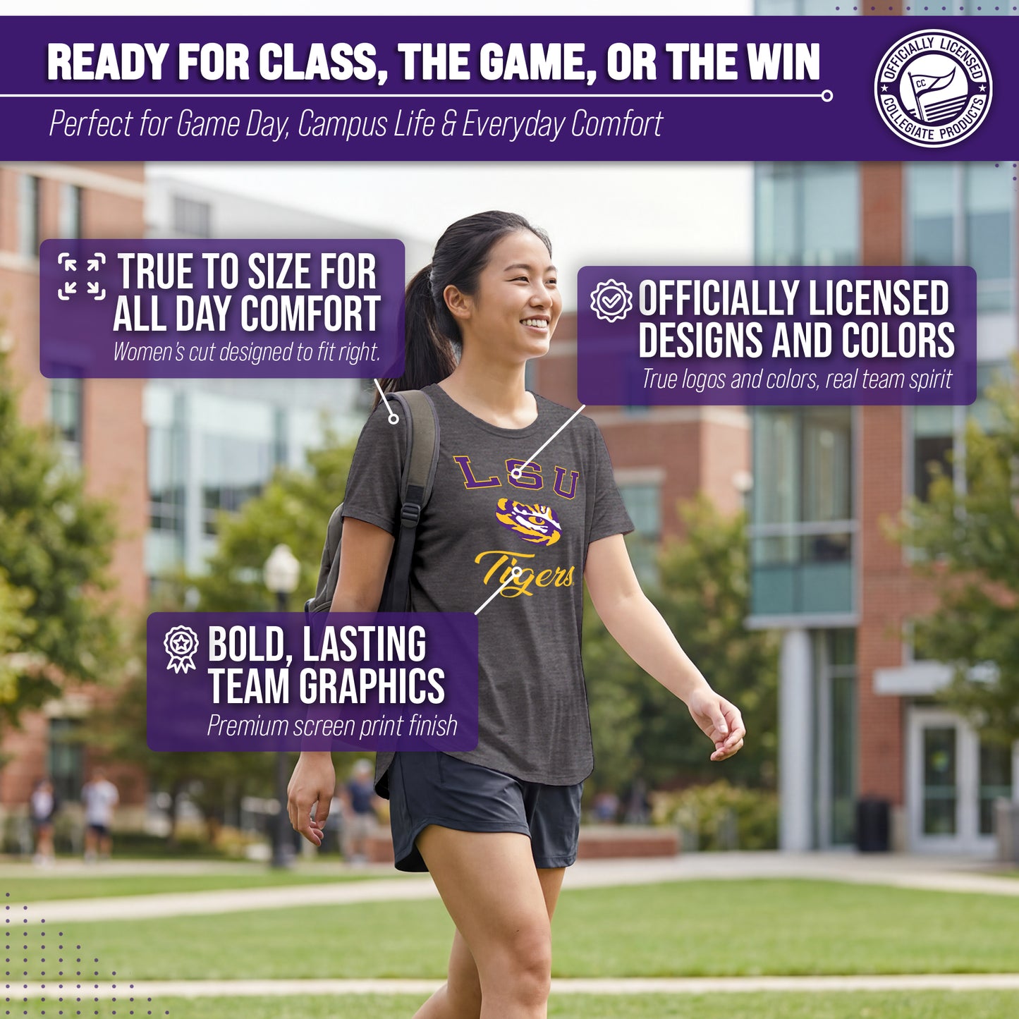 LSU Tigers NCAA Womens Tag-Less Ultra Soft Tailgate T-Shirt - Black Heather