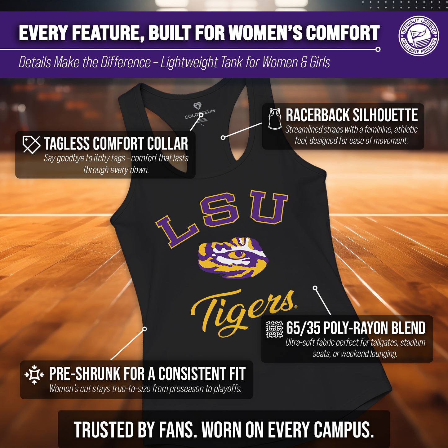 LSU Tigers NCAA Womens Tag-Less Ultra Soft Tailgate Tank Top - Black Heather