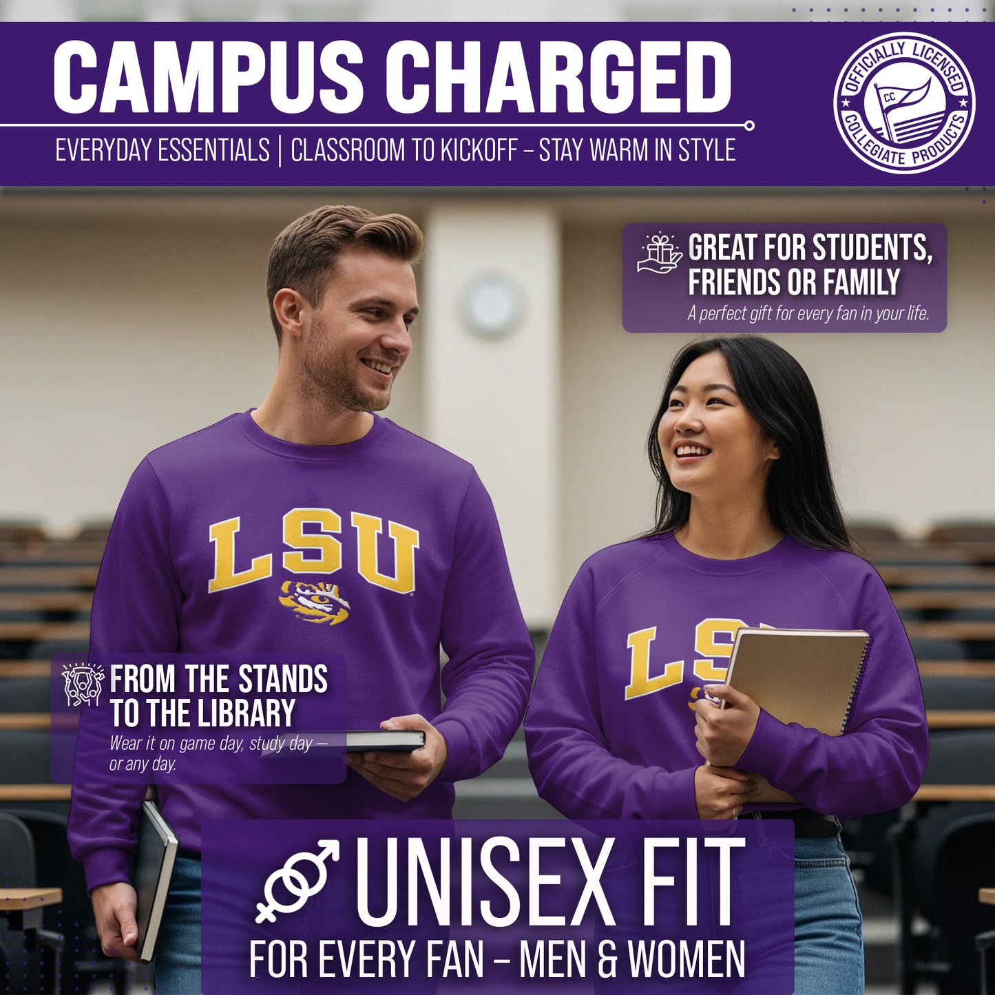 LSU Tigers NCAA Adult Tackle Twill Crewneck Sweatshirt - Purple