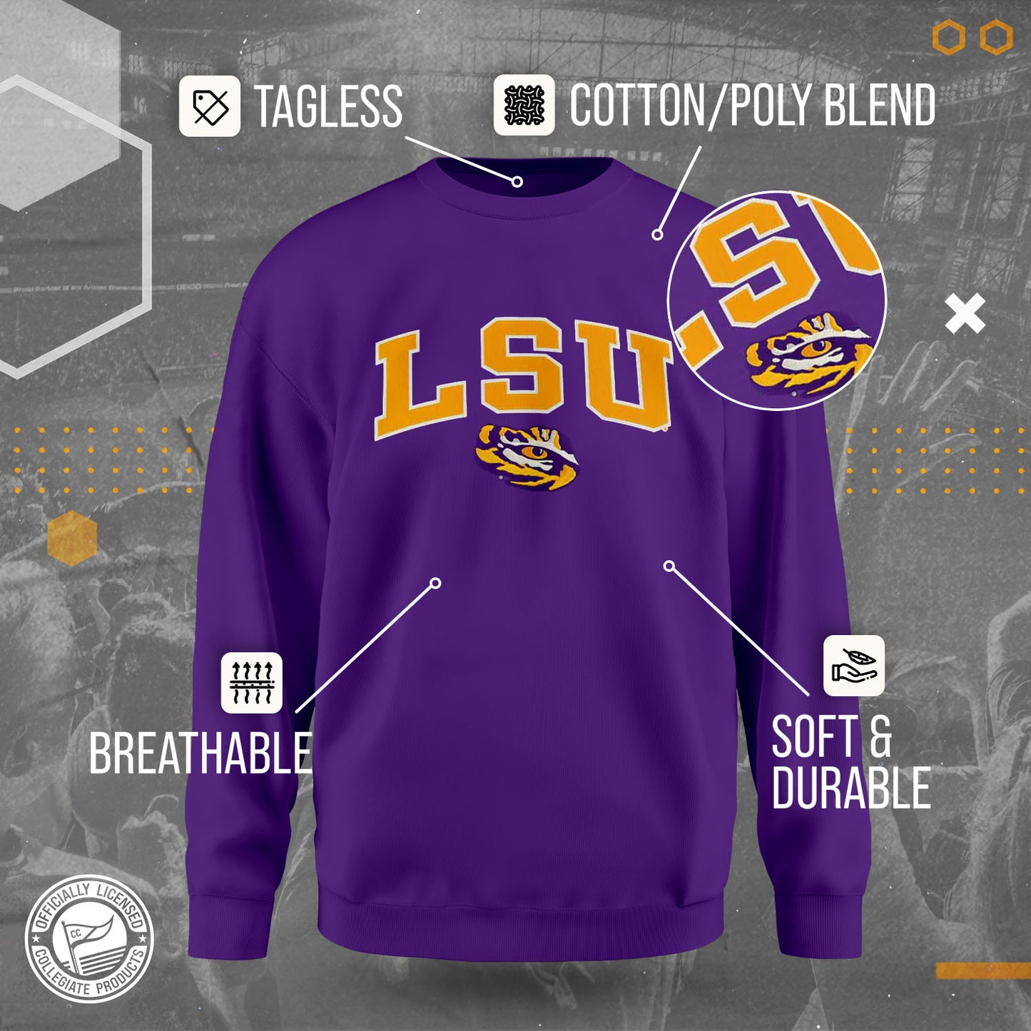 LSU Tigers NCAA Adult Tackle Twill Crewneck Sweatshirt - Purple