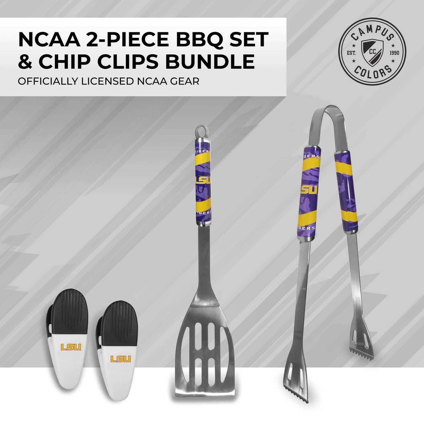LSU Tigers Collegiate University Two Piece Grilling Tools Set with 2 Magnet Chip Clips - Chrome