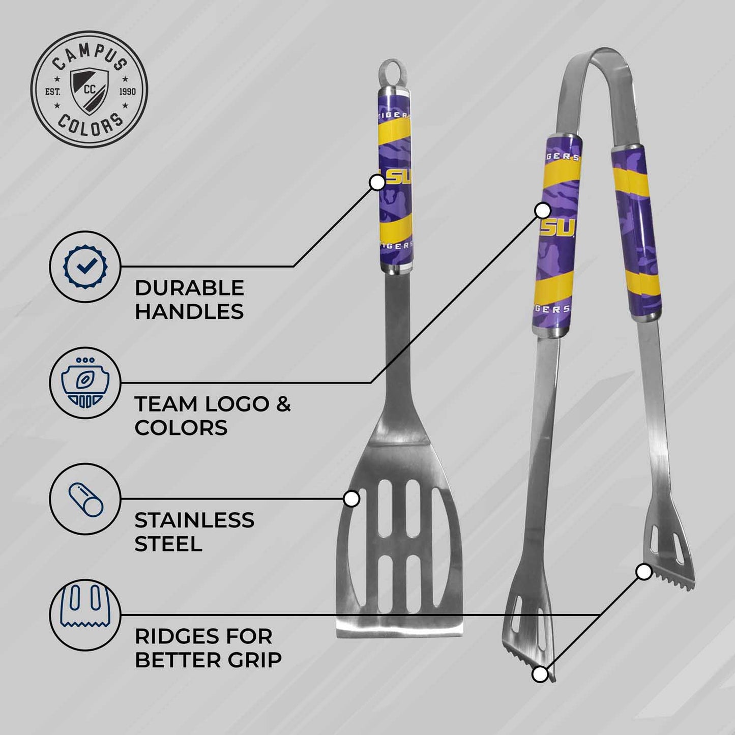 LSU Tigers Collegiate University Two Piece Grilling Tools Set with 2 Magnet Chip Clips - Chrome