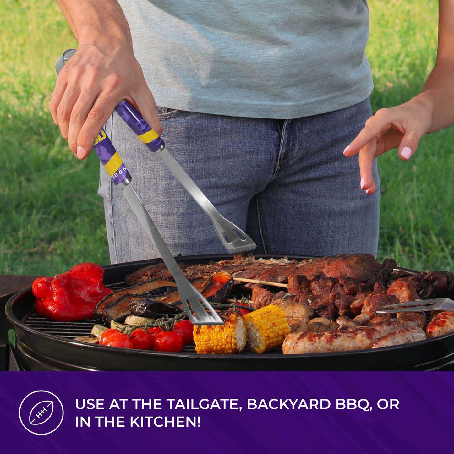 LSU Tigers Collegiate University Two Piece Grilling Tools Set with 2 Magnet Chip Clips - Chrome