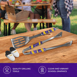 LSU Tigers Collegiate University Two Piece Grilling Tools Set with 2 Magnet Chip Clips - Chrome