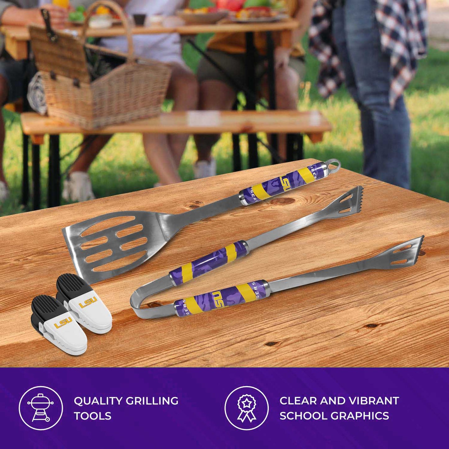 LSU Tigers Collegiate University Two Piece Grilling Tools Set with 2 Magnet Chip Clips - Chrome