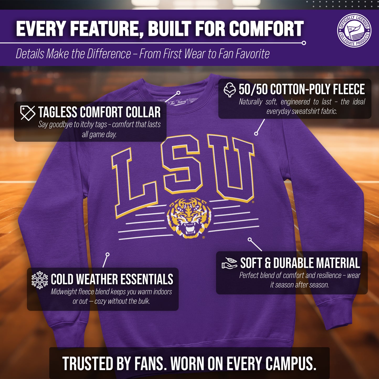 LSU Tigers NCAA Adult Unisex Overtime Classics Crewneck Fleece Sweatshirt - Purple