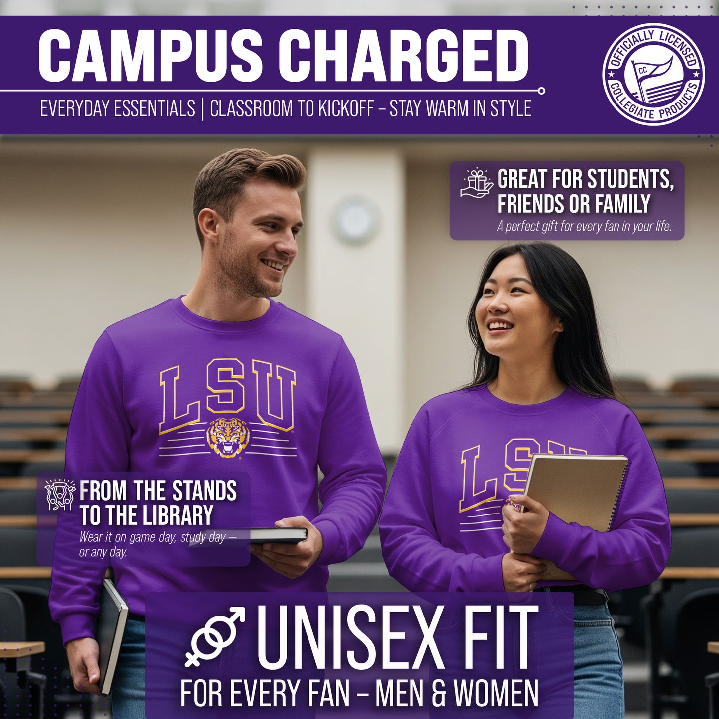 LSU Tigers NCAA Adult Unisex Overtime Classics Crewneck Fleece Sweatshirt - Purple