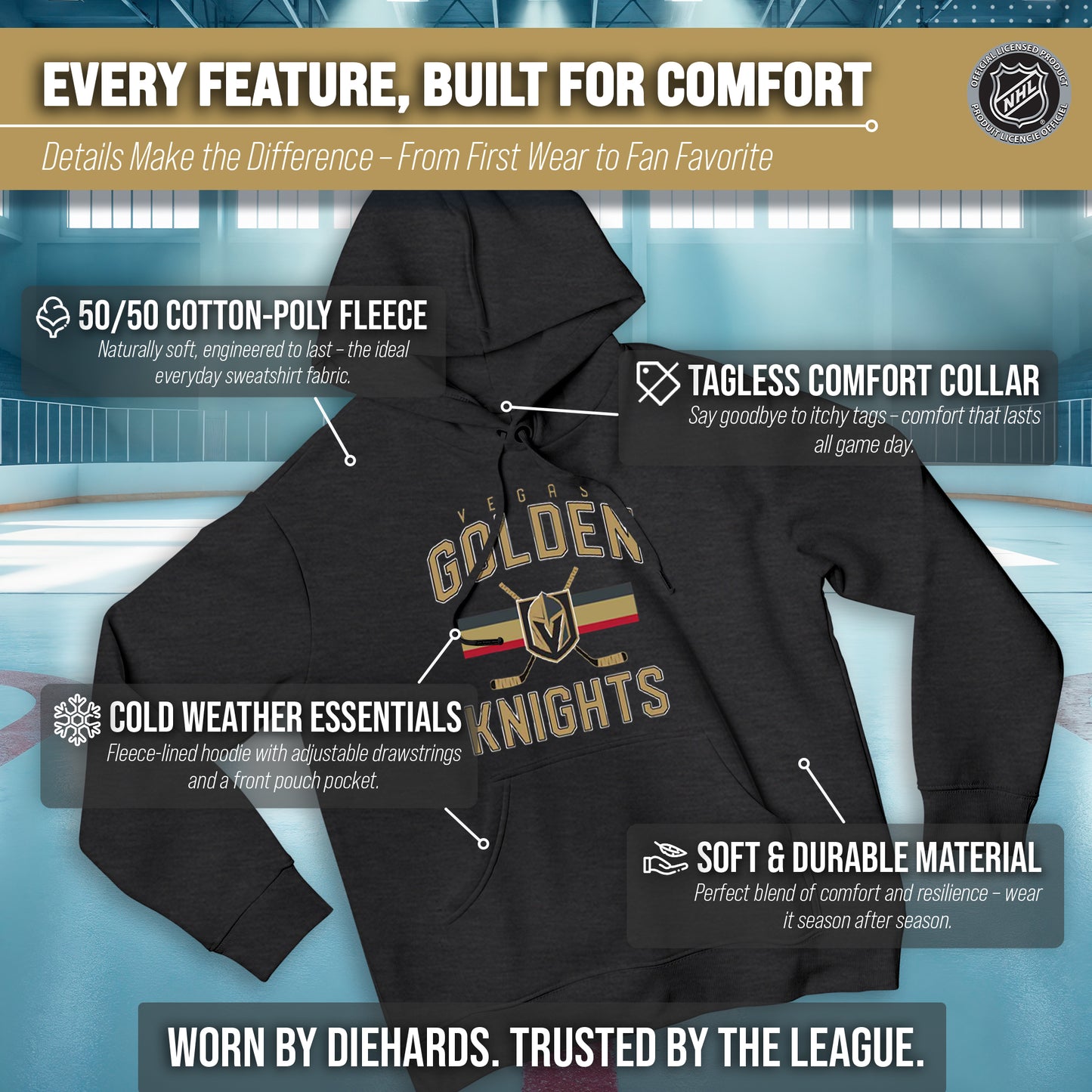 Las Vegas Golden Knights Adult NHL Faceoff Hockey Fleece Hooded Sweatshirt- Jersey Stripe - Black