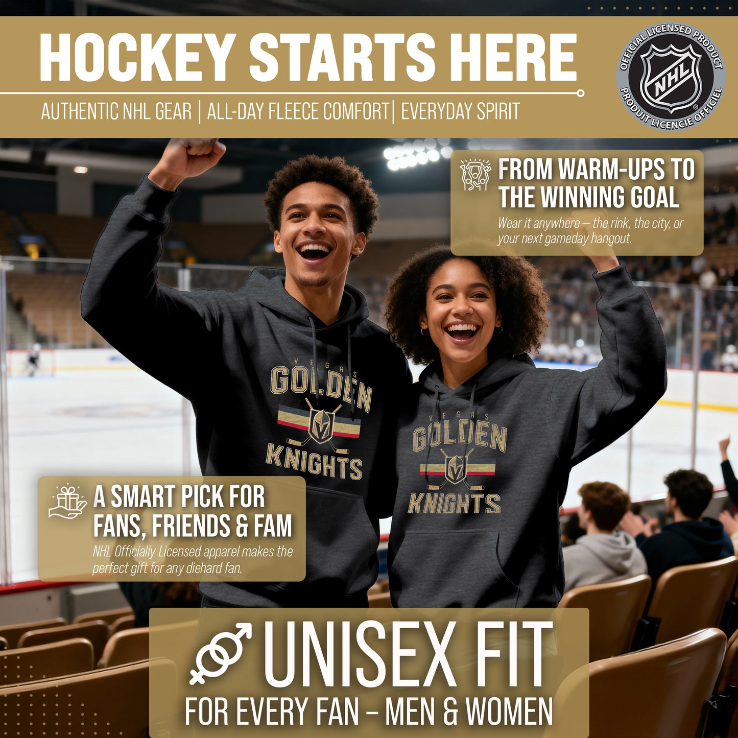 Las Vegas Golden Knights Adult NHL Faceoff Hockey Fleece Hooded Sweatshirt- Jersey Stripe - Black