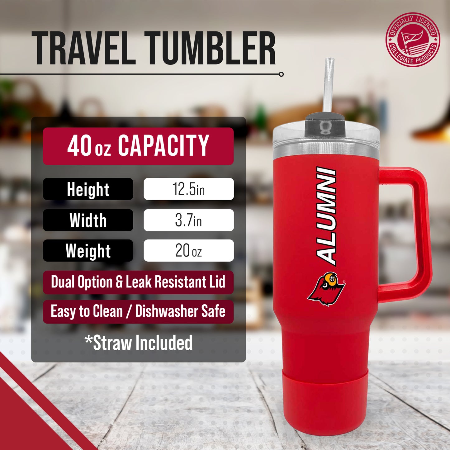 Louisville Cardinals Collegiate 40oz Stainless Steel Travel Tumbler with Handle for Alumni - Red