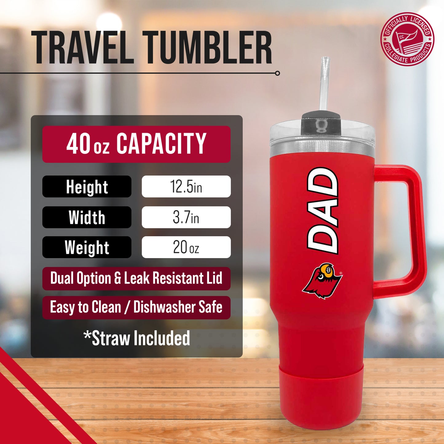 Louisville Cardinals Collegiate 40oz Stainless Steel Travel Tumbler with Handle for Dad - Red