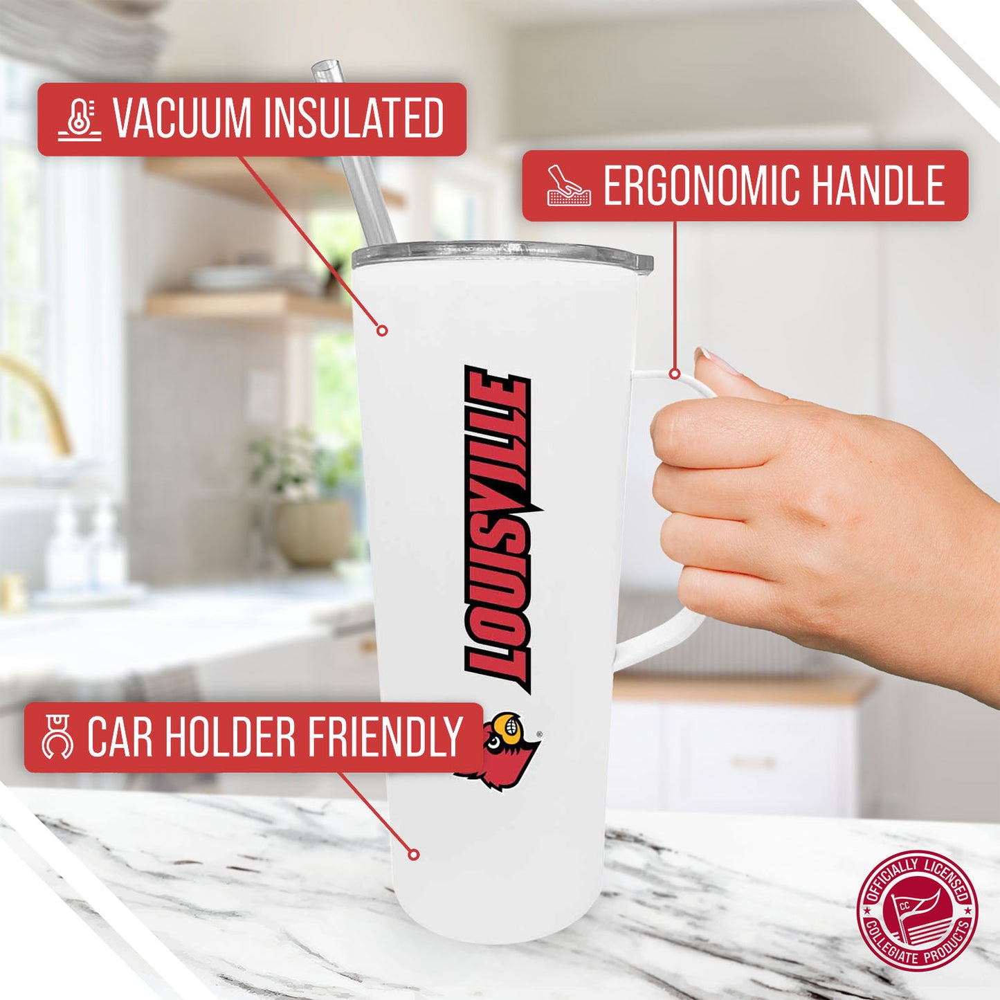 Louisville Cardinals NCAA Stainless Steel 20oz Roadie With Handle & Dual Option Lid With Straw - White