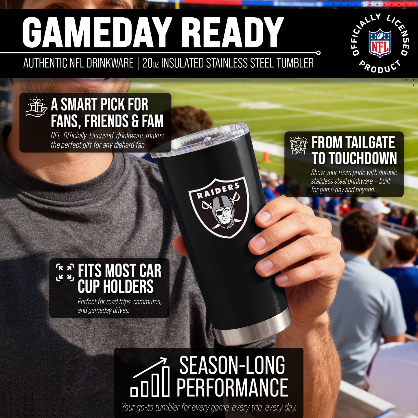 Las Vegas Raiders NFL 20oz Gameday Stainless Steel Tumbler - Black