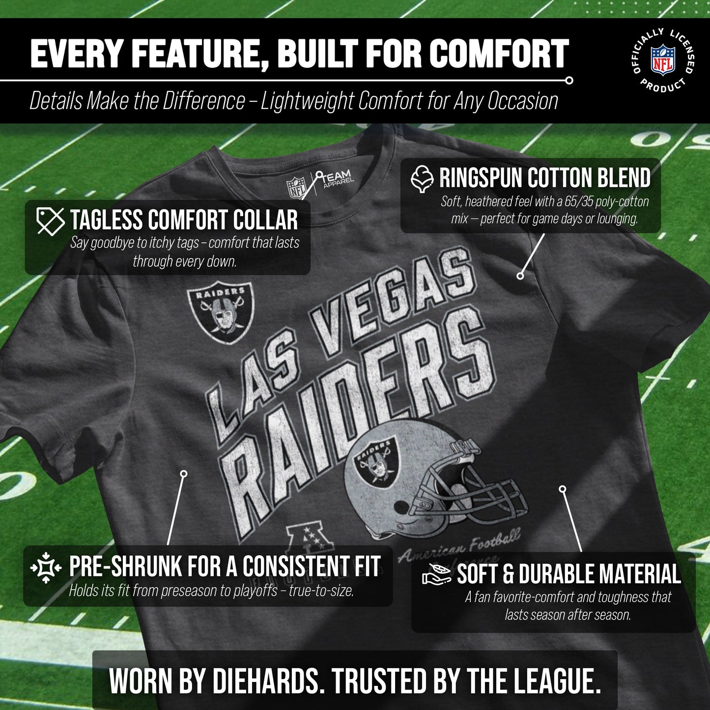 Las Vegas Raiders NFL Adult Distressed Helmet Tag-Less T-Shirt - Heather Charcoal