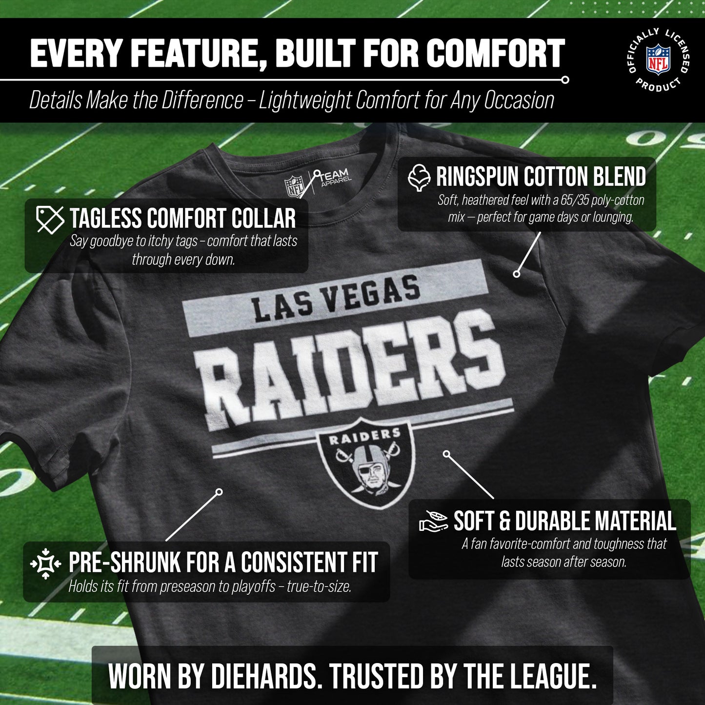 Las Vegas Raiders NFL Adult Team Block Tagless T-Shirt - Charcoal