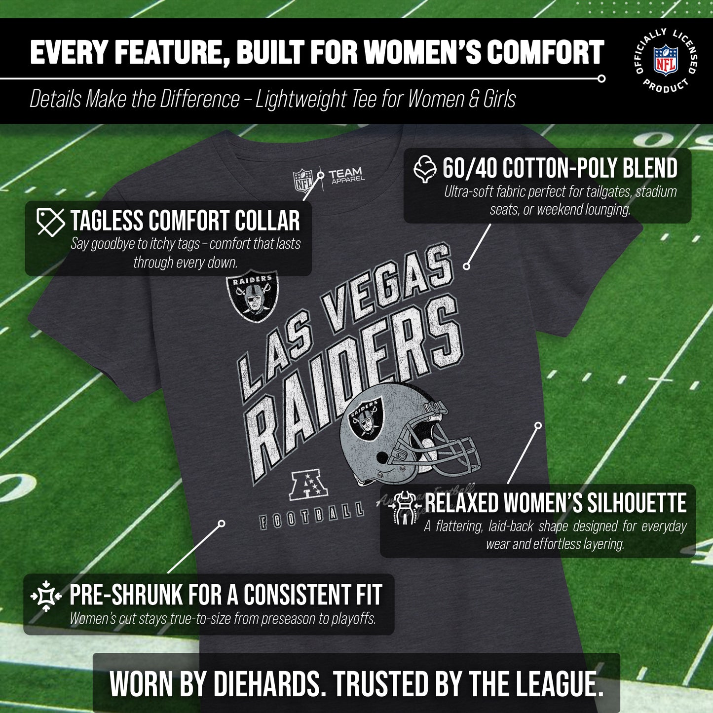 Las Vegas Raiders NFL Womens Distressed Helmet Tag-Less Soft T-Shirt - Heather Charcoal