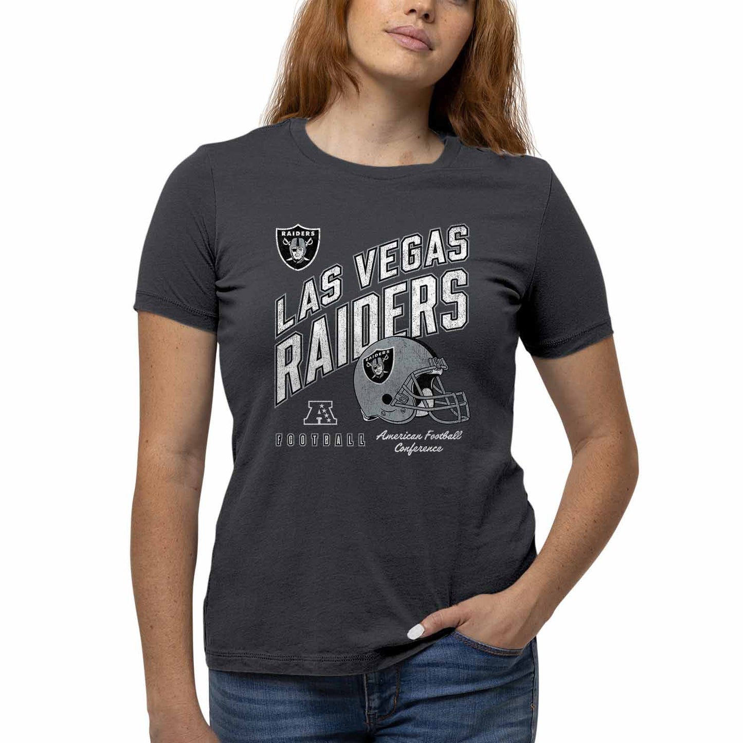 Las Vegas Raiders NFL Womens Distressed Helmet Tag-Less Soft T-Shirt - Heather Charcoal